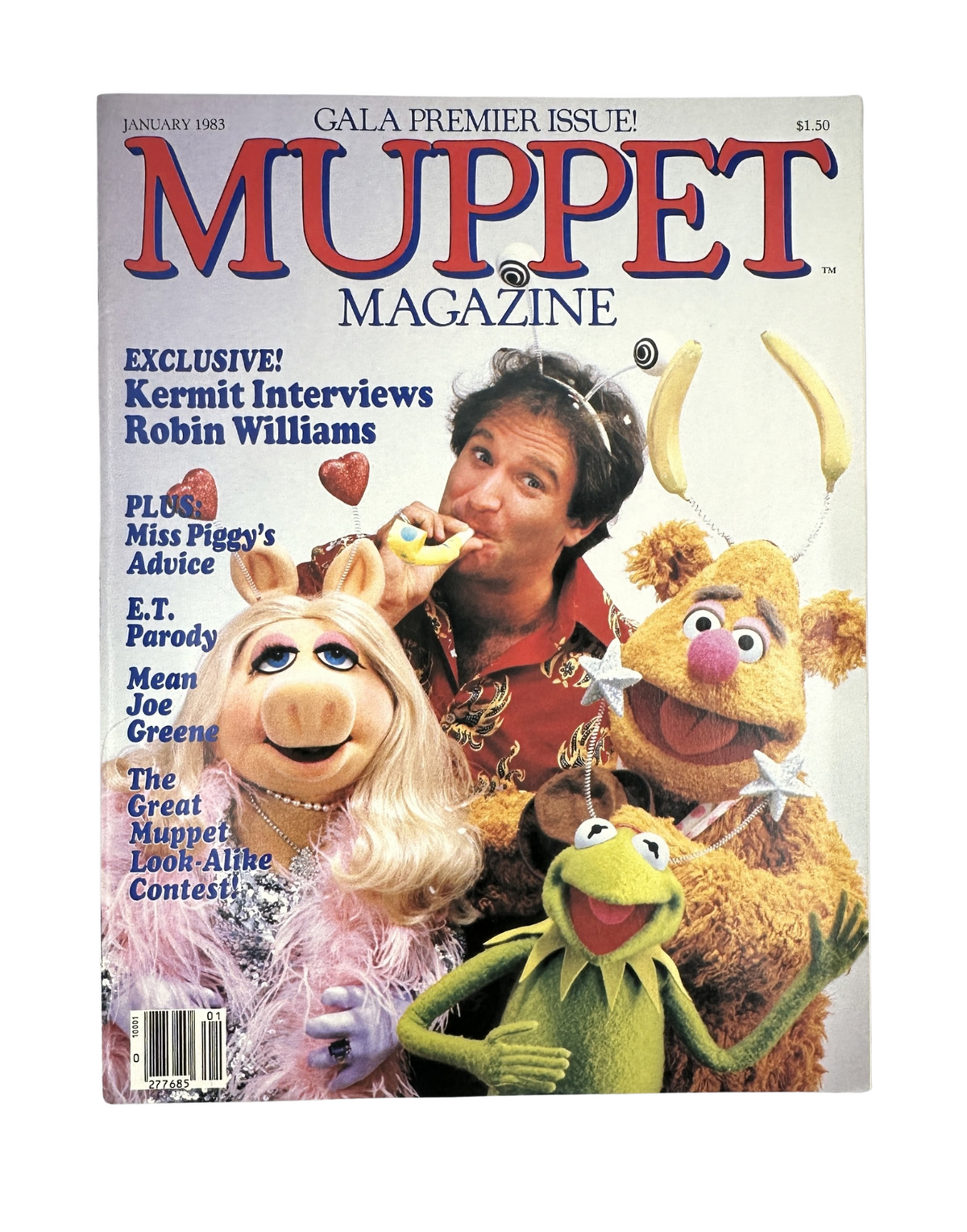 Muppet Magazine January 1983 featuring Robin Williams on the cover along with Kermit, Miss Piggy, and the Muppets in vibrant colors, noted for its exclusive interview with Robin Williams and additional features including an E.T. parody.