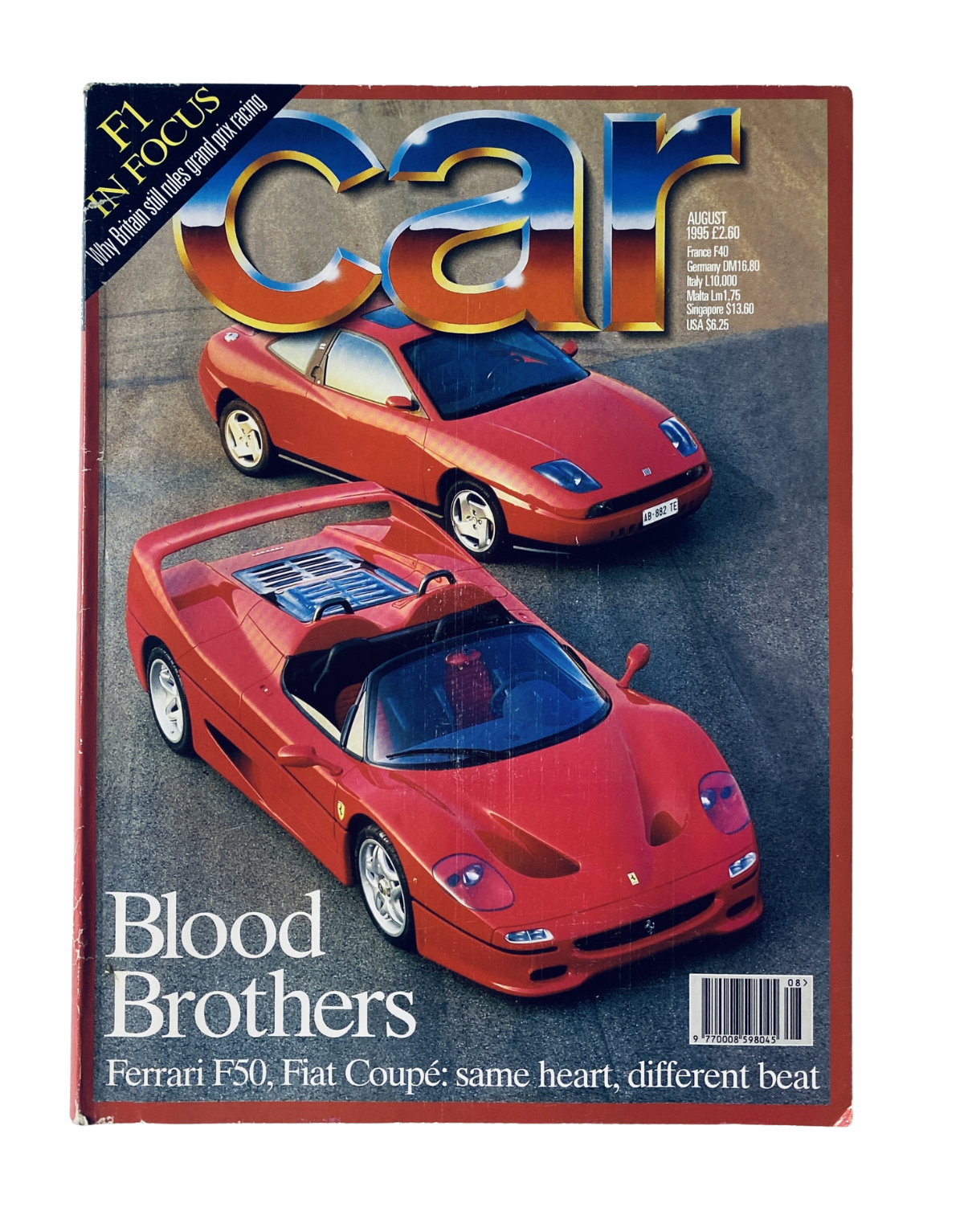CAR Magazine August 1995 featuring the Ferrari F50 and Fiat Coupé on the cover with the headline 'Blood Brothers' describing their shared traits. The cover showcases the two iconic cars against a stylish backdrop.