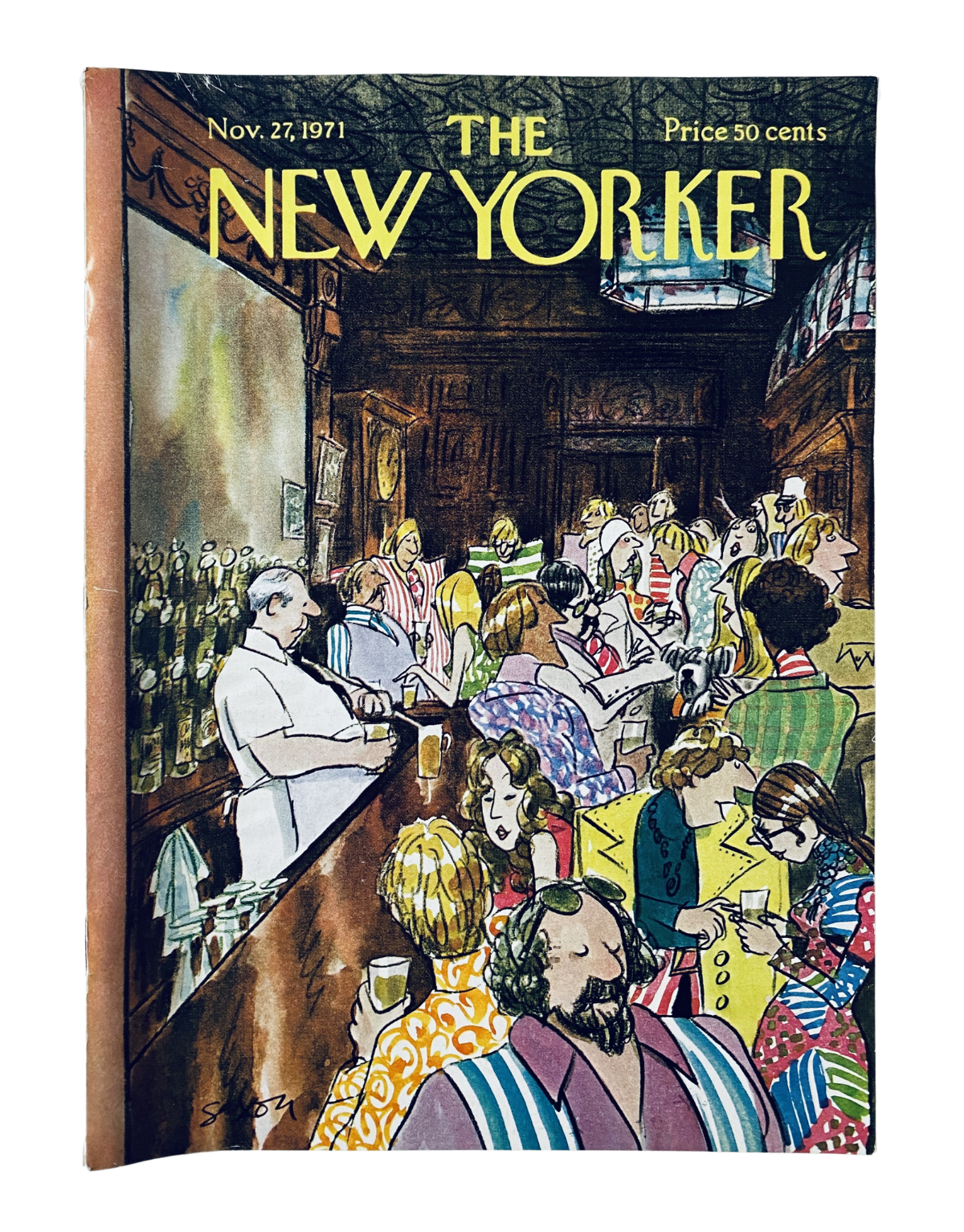 Cover of The New Yorker Magazine dated November 27, 1971, featuring a crowded bar illustration by Charles Saxon. The artwork depicts a lively bar scene with patrons in various colorful attire.