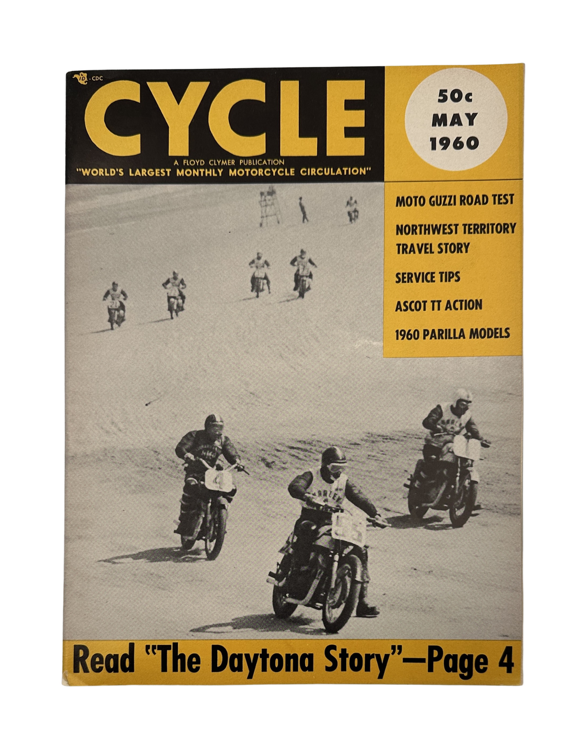 Cycle Magazine May 1960 cover featuring the Daytona Moto Guzzi, showcasing motorcycle racing with riders in action on a sandy track.
