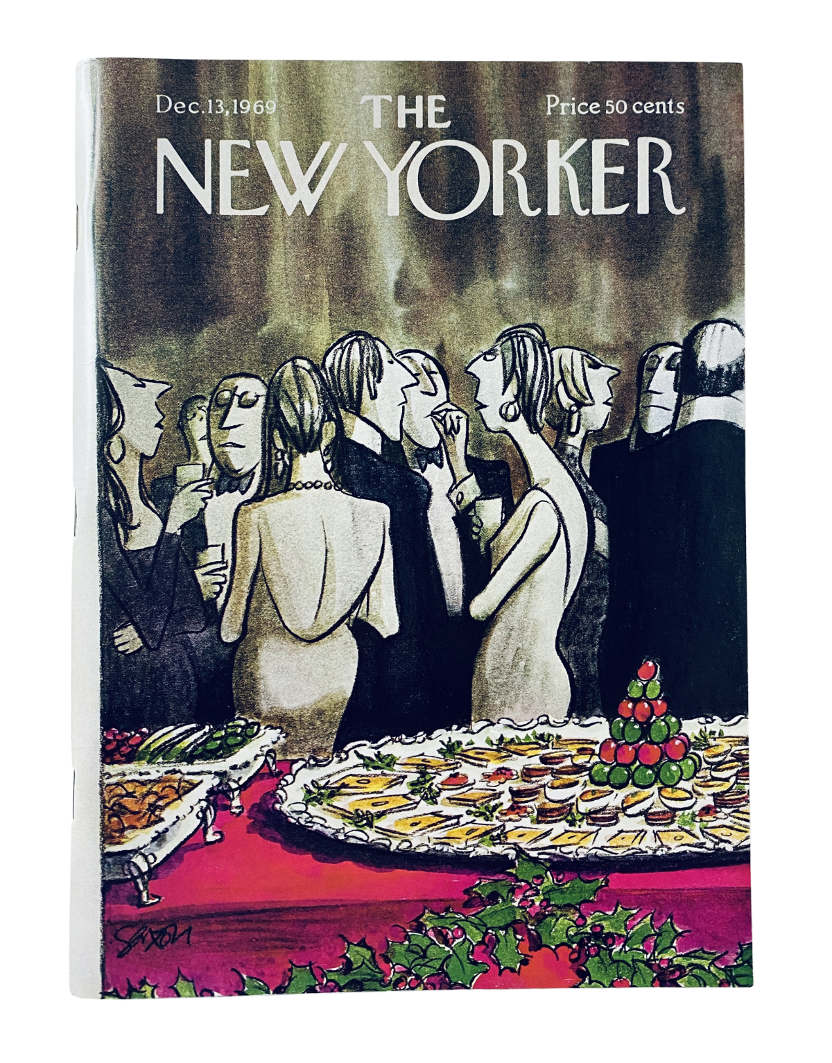 Cover of The New Yorker Magazine December 13, 1969 featuring artwork by Charles Saxon, showcasing a festive holiday party scene with elegantly dressed guests and a colorful table of food.