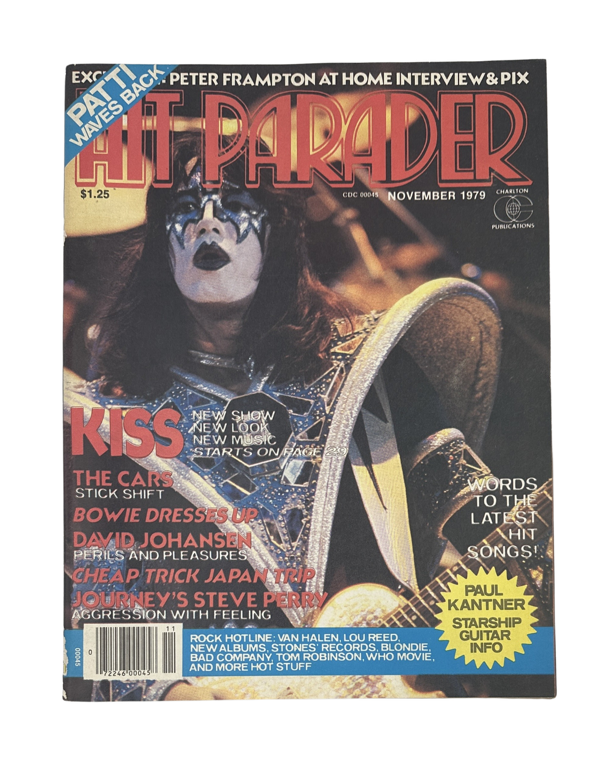 Cover of Hit Parader Magazine November 1979 featuring KISS, Paul Stanley, and Peter Frampton. Highlighted rock music topics include Van Halen and Journey.