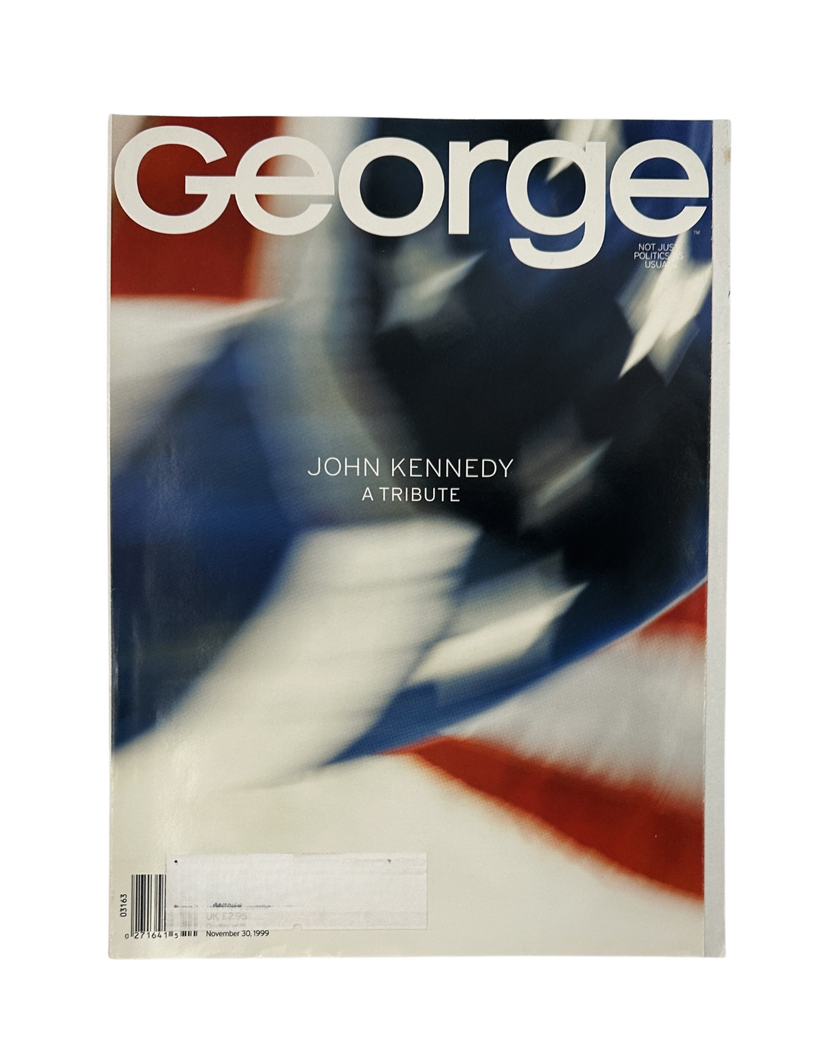 George Magazine October 1999, featuring a tribute to John F. Kennedy with an artistic depiction of the American flag. This iconic cover highlights the historical significance of Kennedy and his impact on American politics.