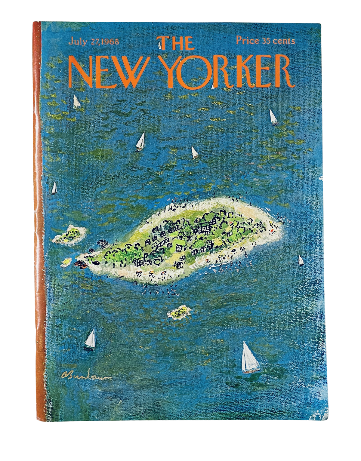 The New Yorker Magazine cover from July 27, 1968, featuring Island Sailing artwork by Abe Birnbaum, showcasing a vibrant illustration of an island with sailboats, priced at 35 cents.