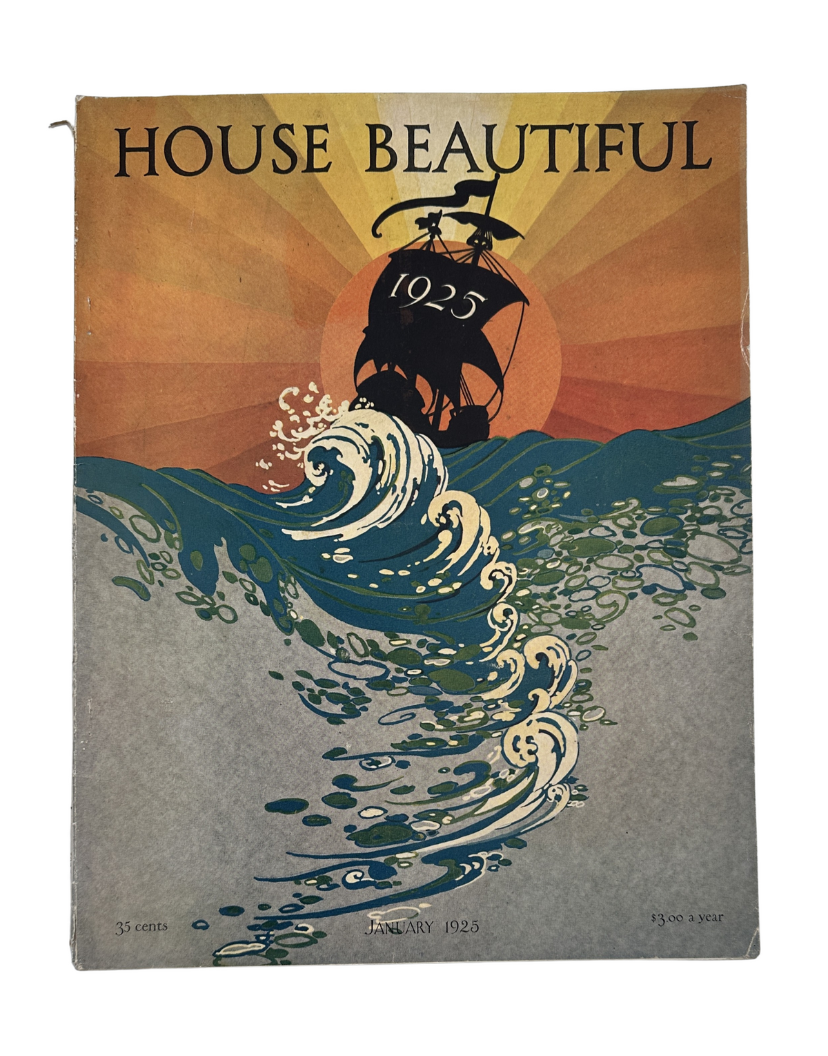 House Beautiful Magazine January 1925 featuring a vibrant cover design with a sailing ship and ocean waves, highlighting architecture and garden design.
