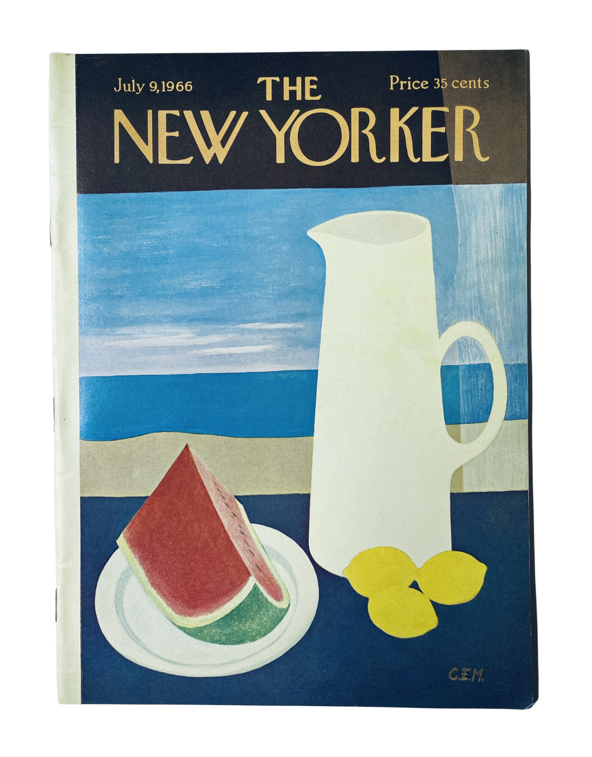 The New Yorker Magazine July 9, 1966 cover featuring a minimalist illustration of a watermelon and lemons beside a pitcher, priced at 35 cents. A perfect collectible for magazine enthusiasts.