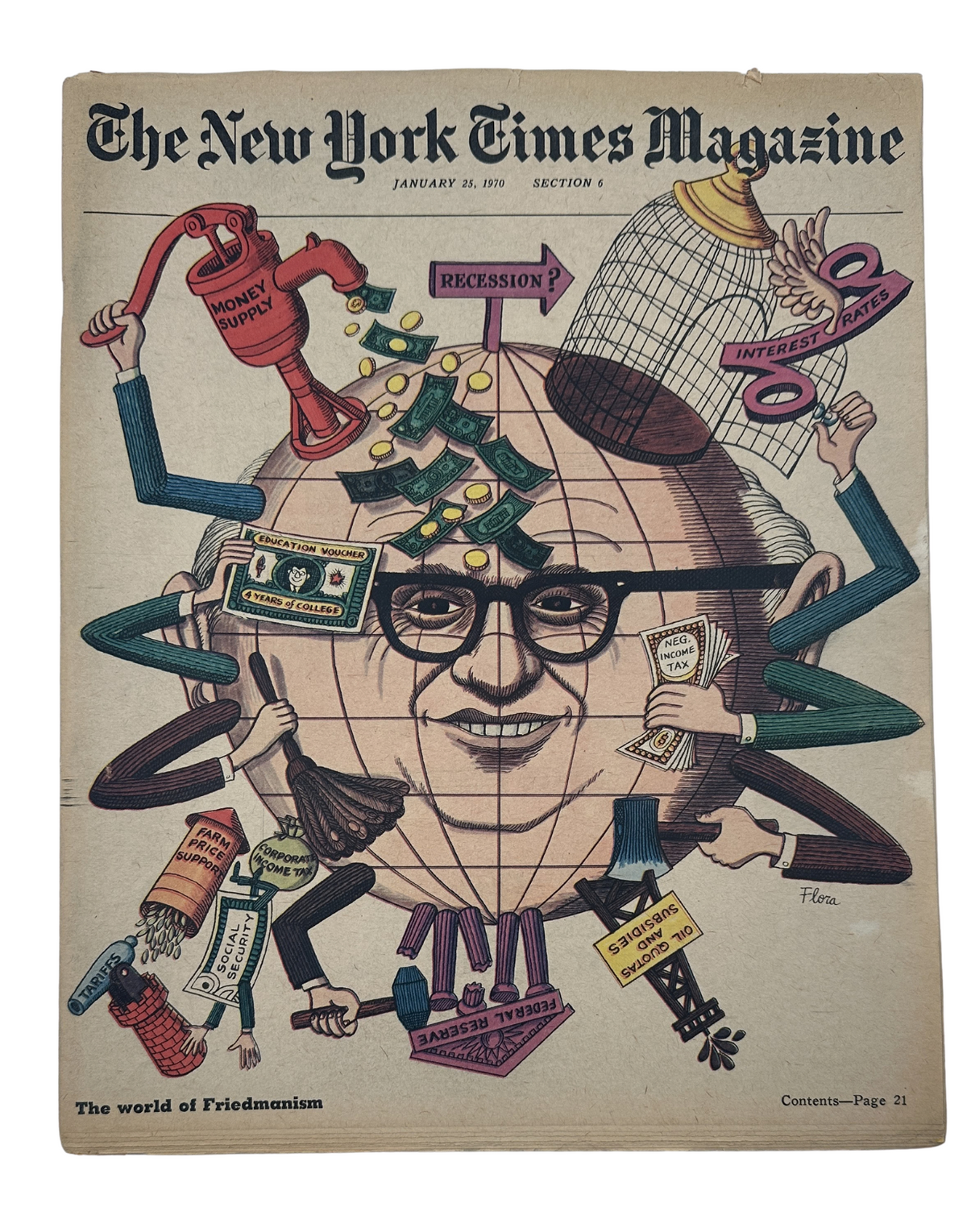 Cover of The New York Times Magazine from January 25, 1970, illustrating the concept of Friedmanism with a caricature of economist Milton Friedman surrounded by symbols of the economy, including money, recession, and interest rates.