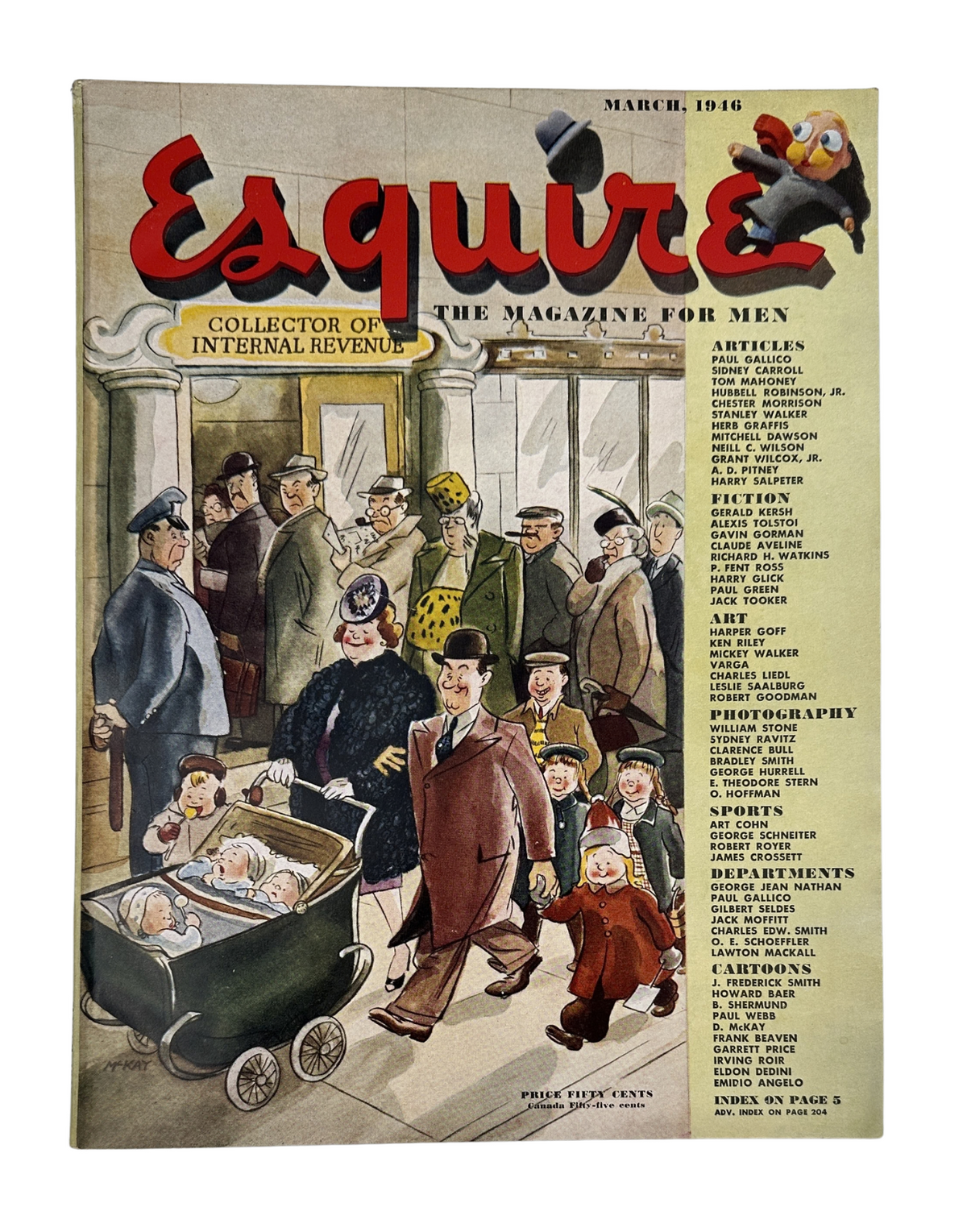 Esquire Magazine March 1946 cover featuring vibrant cartoon illustration depicting a scene with various characters, titled 'The Magazine for Men'.