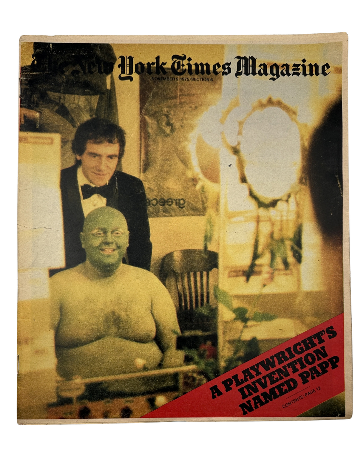 The New York Times Magazine cover from November 9, 1975, featuring a photograph of playwright Joseph Papp and an actor. The image highlights Papp, known for his influence on theater, posing in a dressing room.