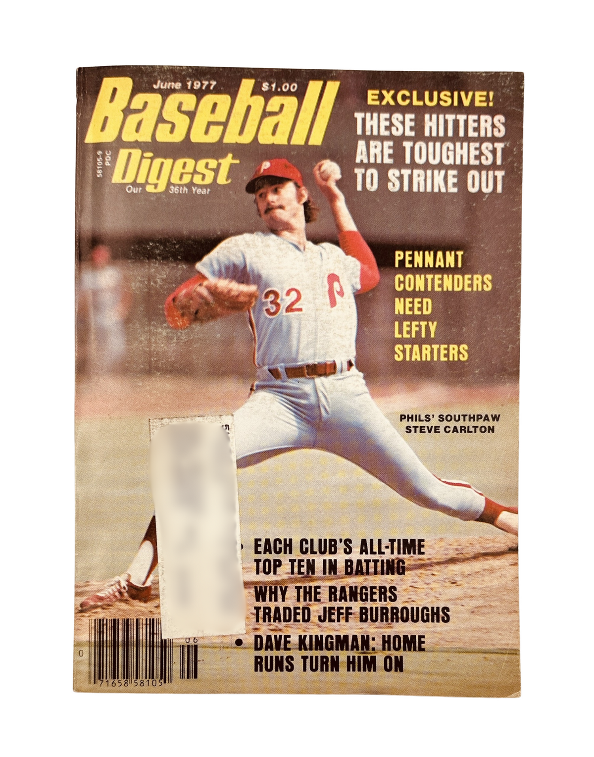 Cover of Baseball Digest magazine from June 1977 featuring Steve Carlton of the Phillies, emphasizing topics like toughest hitters to strike out and the importance of lefty pitchers in starting rotations.