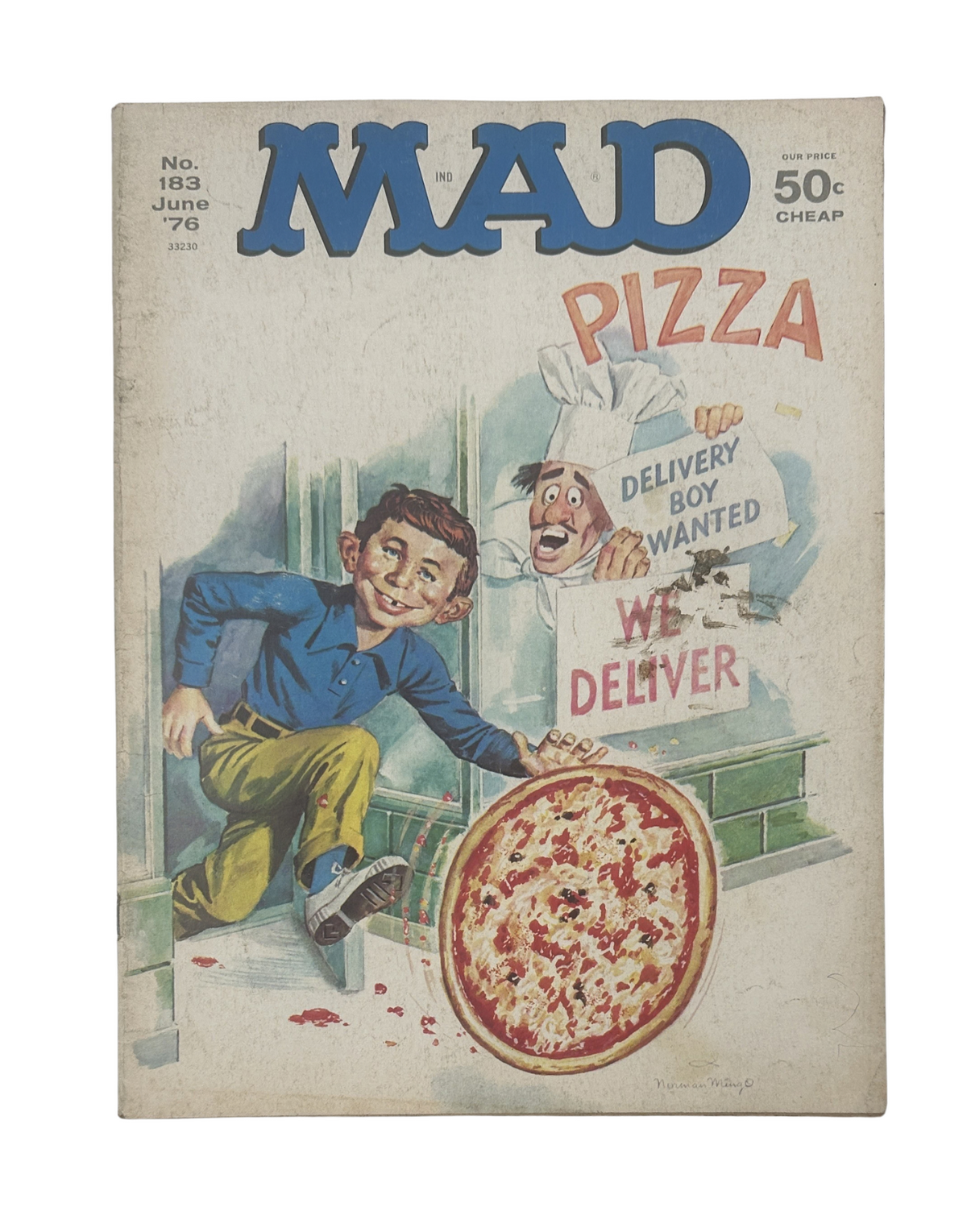 Cover of MAD Magazine No. 183 June 1976 showcasing a boy holding a large pizza with a comedic delivery theme titled 'Pizza: Delivery Boy Wanted'. Original copy graded Very Good (VG 4.0).