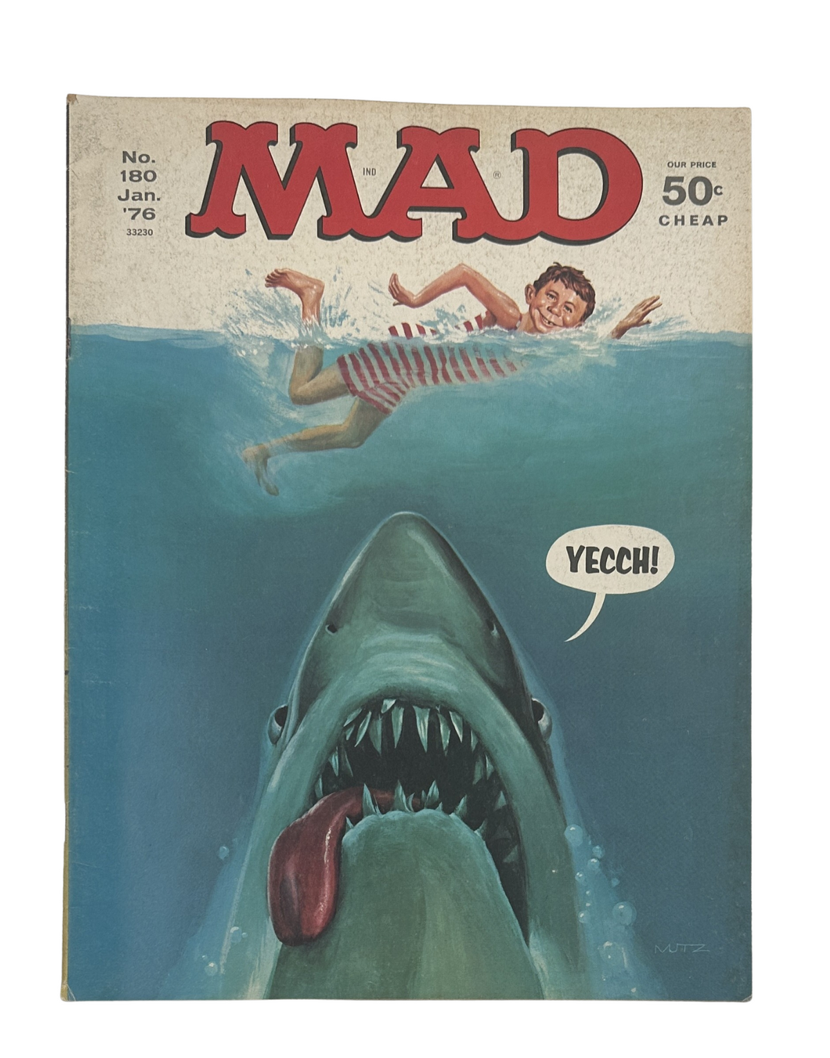 MAD Magazine No. 180 January 1976 cover featuring a parody of Jaws with a large shark and a boy swimming, captioned 'YEECCH!' This issue is graded Fine (FN 6.0) and showcases comedic artwork.