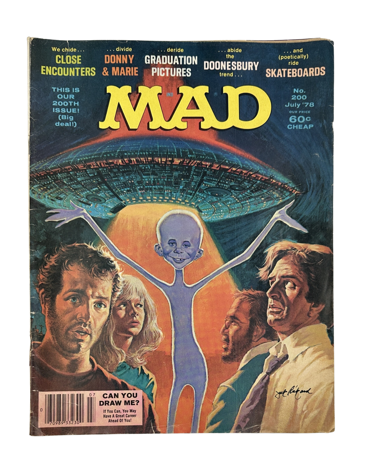 MAD Magazine No. 200 from July 1978 featuring a cover illustration with alien spacecraft and characters from Close Encounters, showcasing Doonesbury and skateboards. Grade: Very Good (VG 4.0).