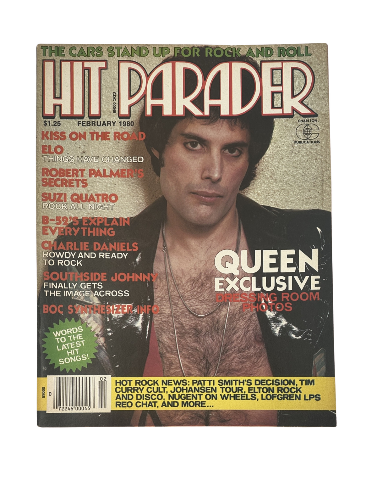 Hit Parader Magazine February 1980 cover featuring Freddie Mercury of Queen, showcasing highlights on The Cars, KISS, and more, in very good condition.
