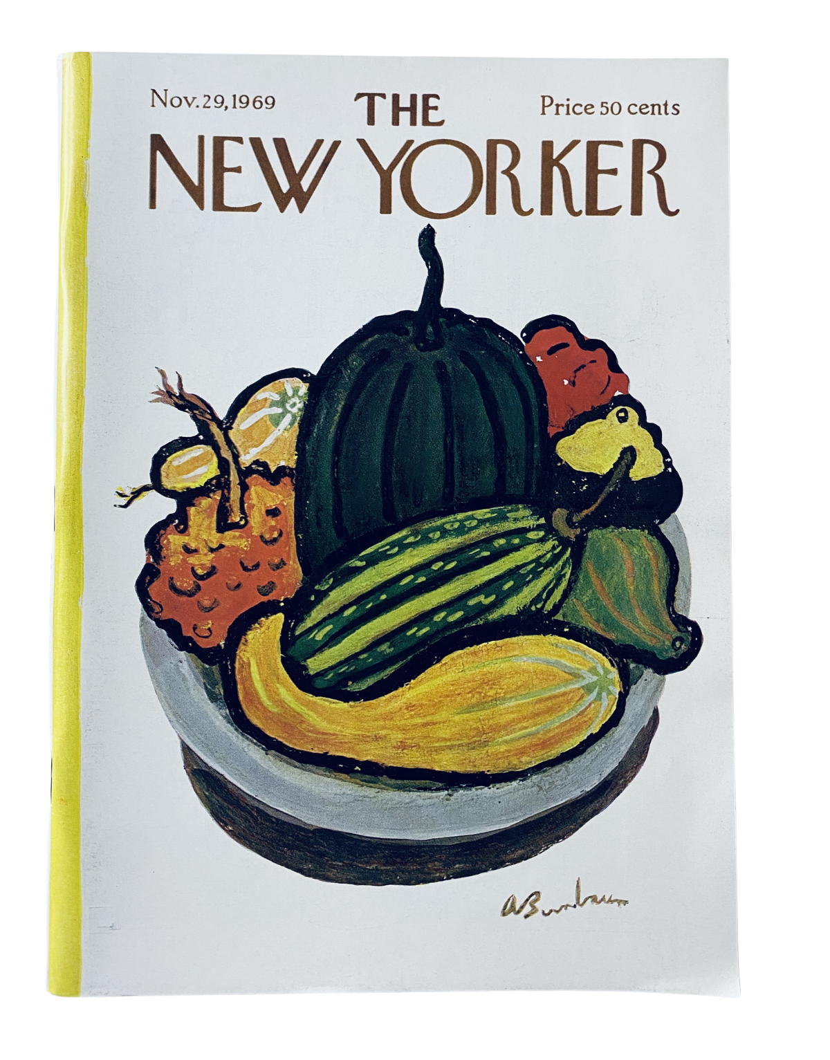 The New Yorker Magazine November 29, 1969 cover featuring a colorful fruit bowl illustration by Abe Birnbaum, priced at 50 cents.