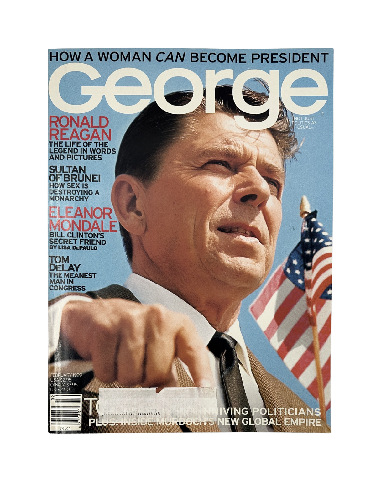 Cover of George Magazine February 1999 featuring Ronald Reagan, Eleanor Mondale, and a depiction of the Sultan of Brunei. The cover highlights the theme of women in politics with the question 'How a Woman Can Become President.'