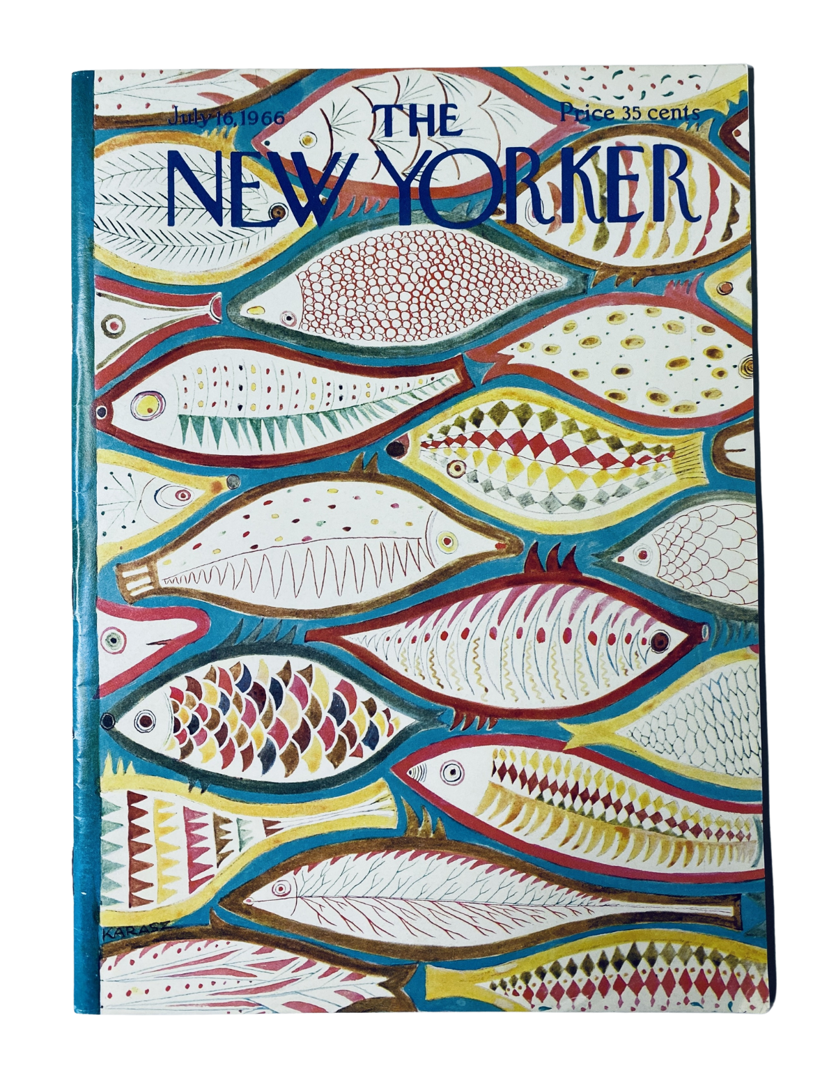 The New Yorker Magazine July 16, 1966 featuring a colorful fish cover art by Ilonka Karasz, showcasing an array of distinct fish designs in vibrant colors.
