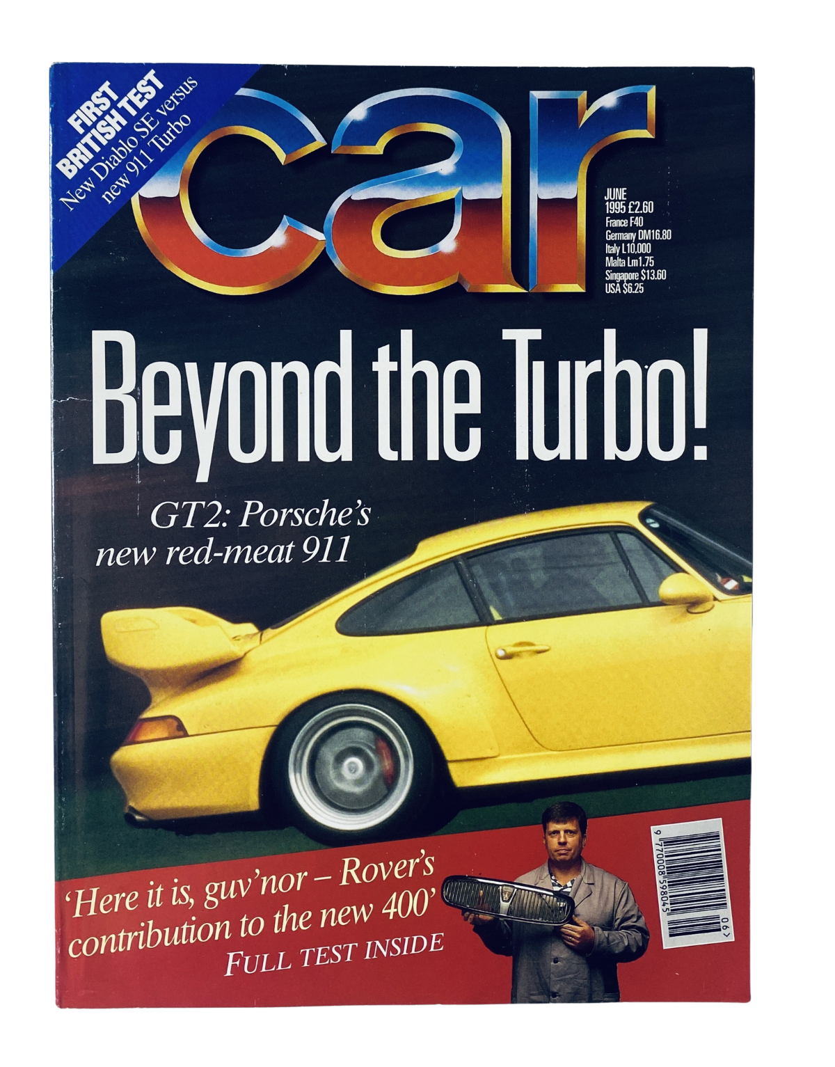 CAR Magazine June 1995 cover featuring Porsche 911 GT2, showcasing the article 'Beyond the Turbo!' that highlights Porsche's new sports car.
