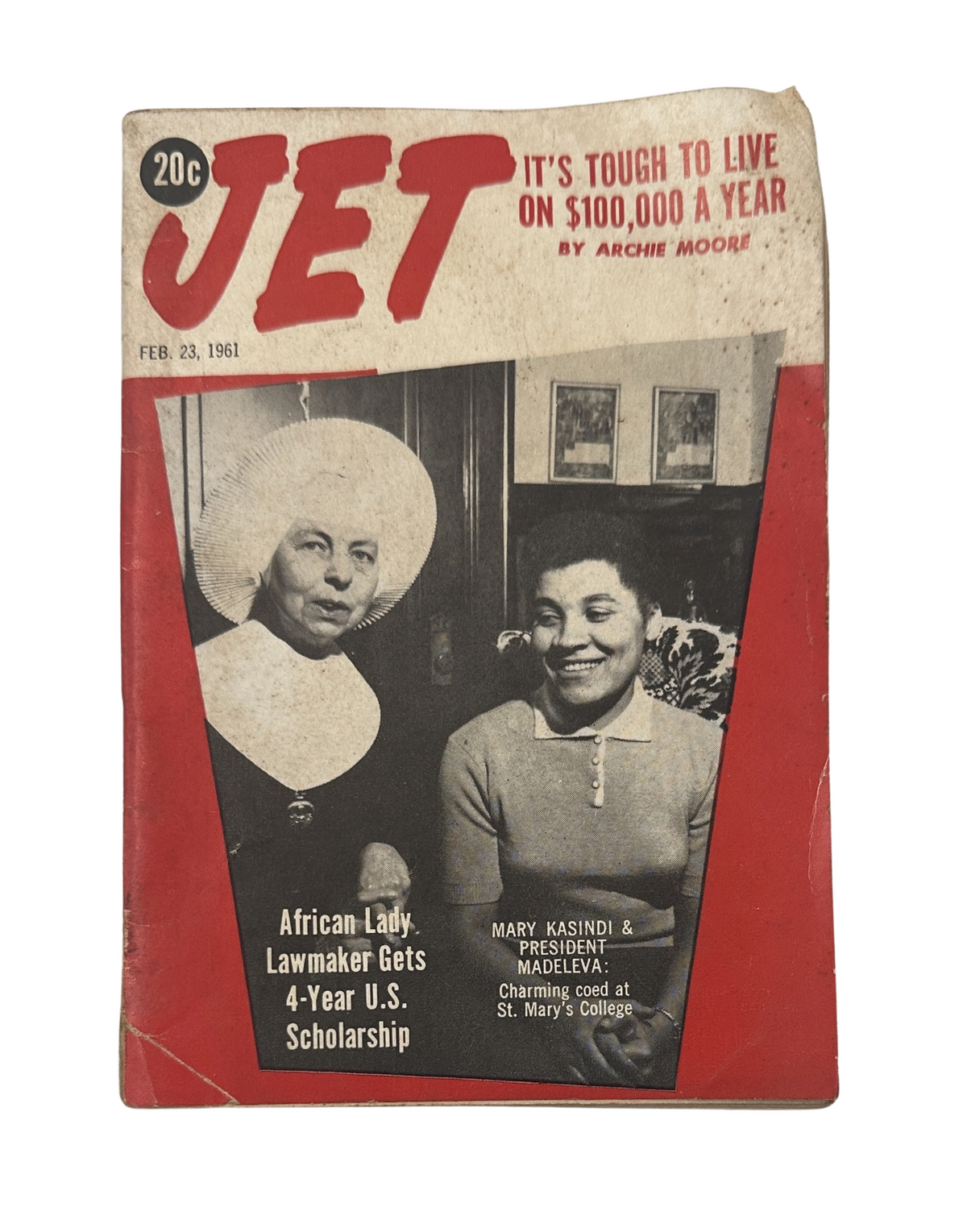 Cover of Jet Magazine dated February 23, 1961 featuring Archie Moore, Mary Kasindi, and President Madeleva, highlighting the struggles of African American women in education.