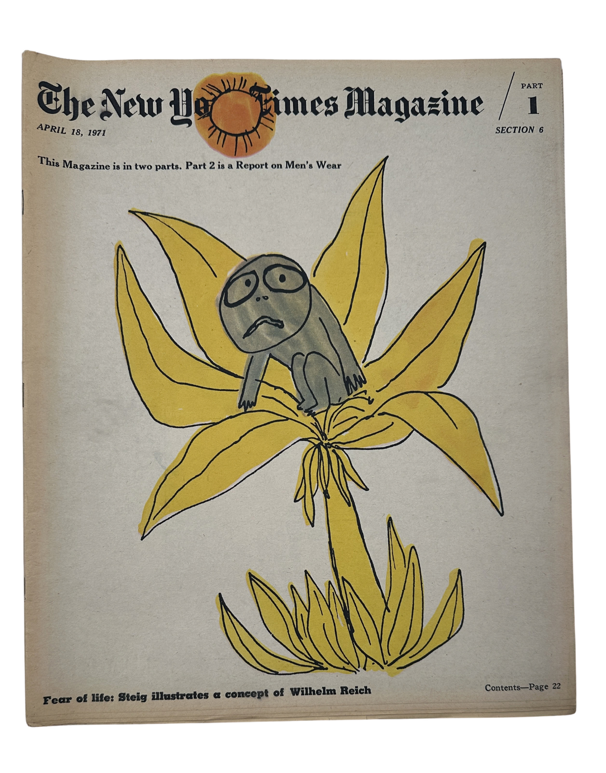 Cover of The New York Times Magazine from April 18, 1971, featuring an illustration related to Wilhelm Reich, depicting a sad character on a flower.
