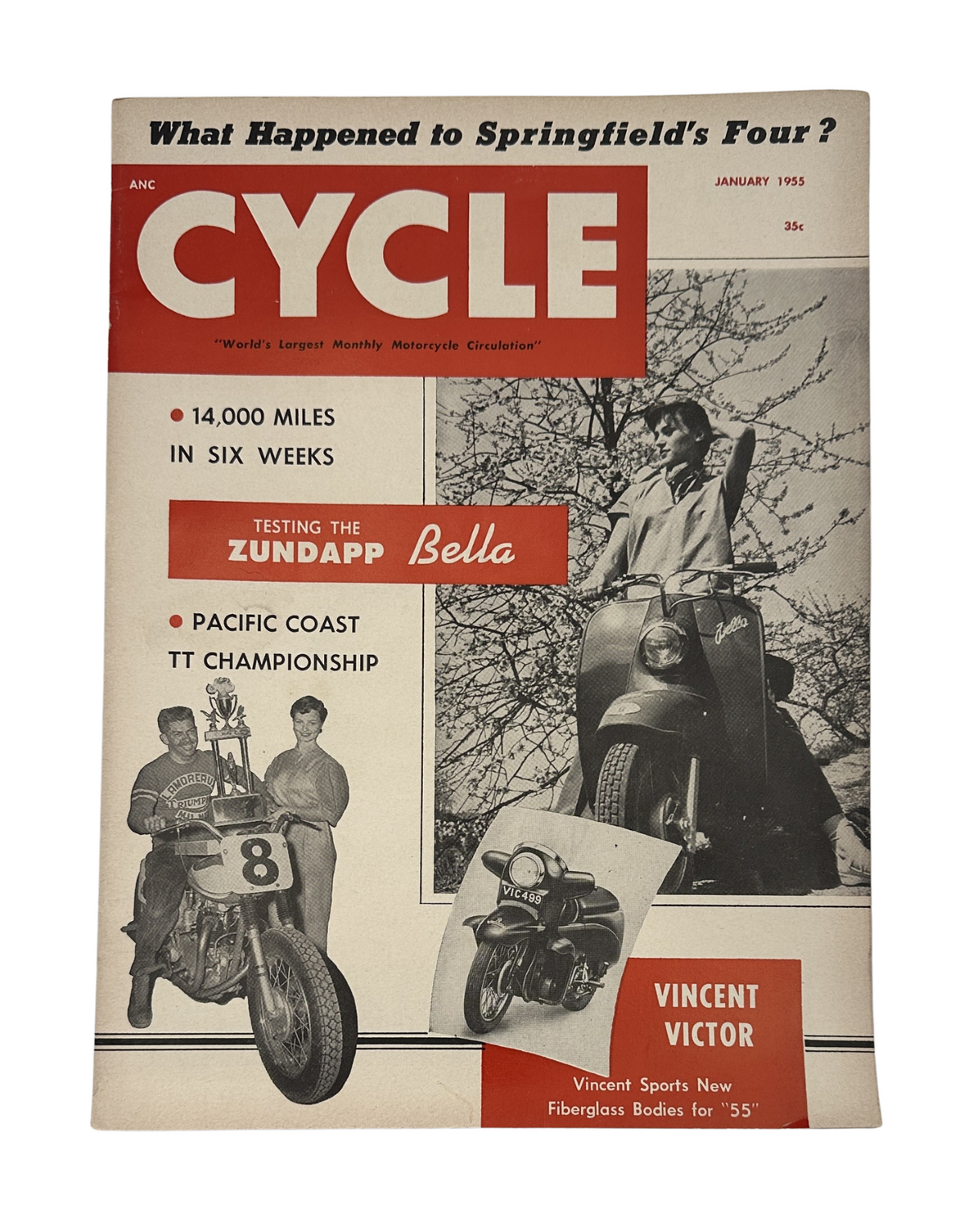 Cycle Magazine January 1955 featuring the Zundapp Bella, Vincent Sports, and the Pacific Coast TT. The cover highlights articles about Springfield's Four, a road test of the Bella scooter, and 14,000 miles in six weeks.