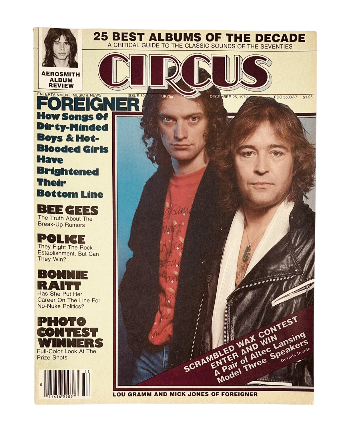 Circus Magazine cover from December 25, 1979 featuring Lou Gramm and Mick Jones of Foreigner, highlighting the band's success with their album and showcasing the poster included with the magazine.