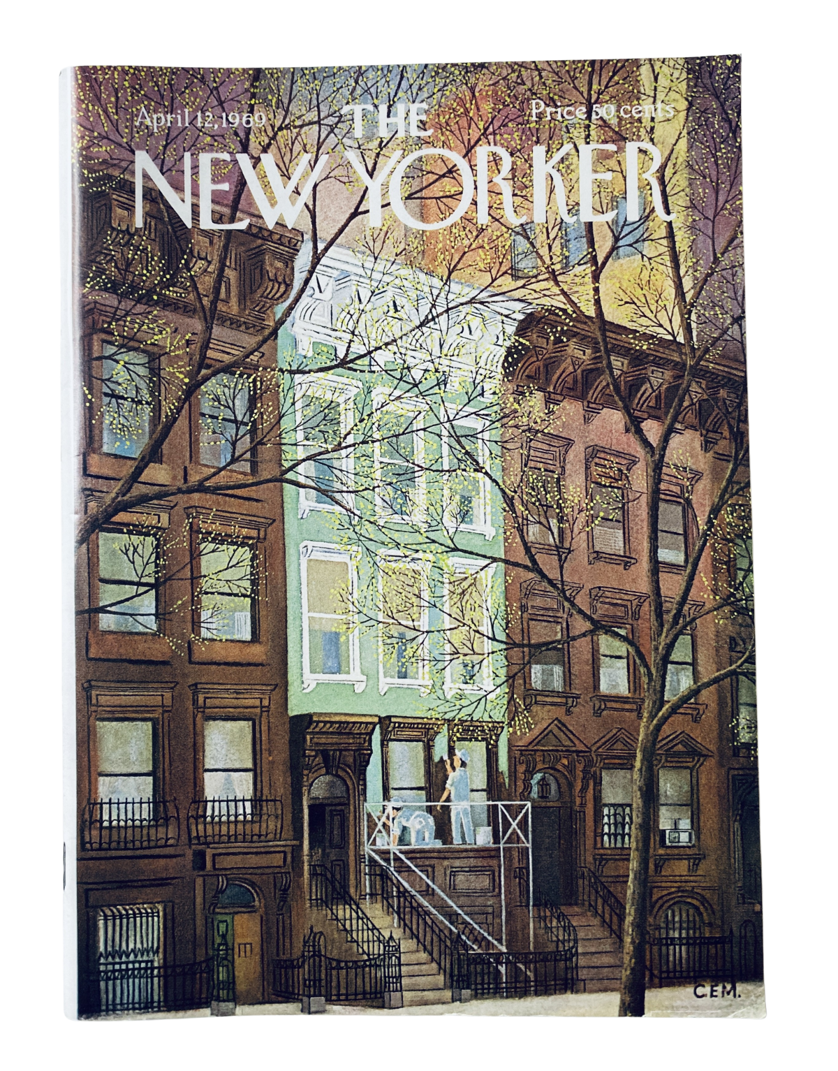 Cover of The New Yorker Magazine dated April 12, 1969 featuring a painted illustration of a brownstone balcony by Charles E. Martin, showcasing springtime foliage and urban scenery.