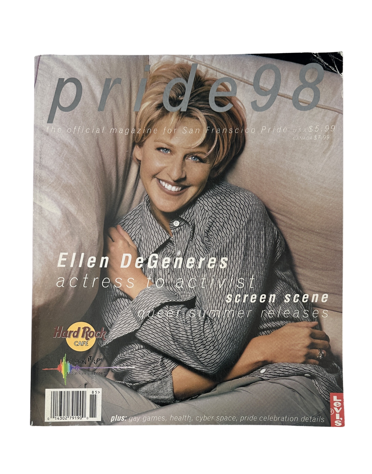 Pride Magazine 1998 featuring Ellen DeGeneres on the cover, highlighting her transition from actress to activist, with a focus on the San Francisco Pride celebration.