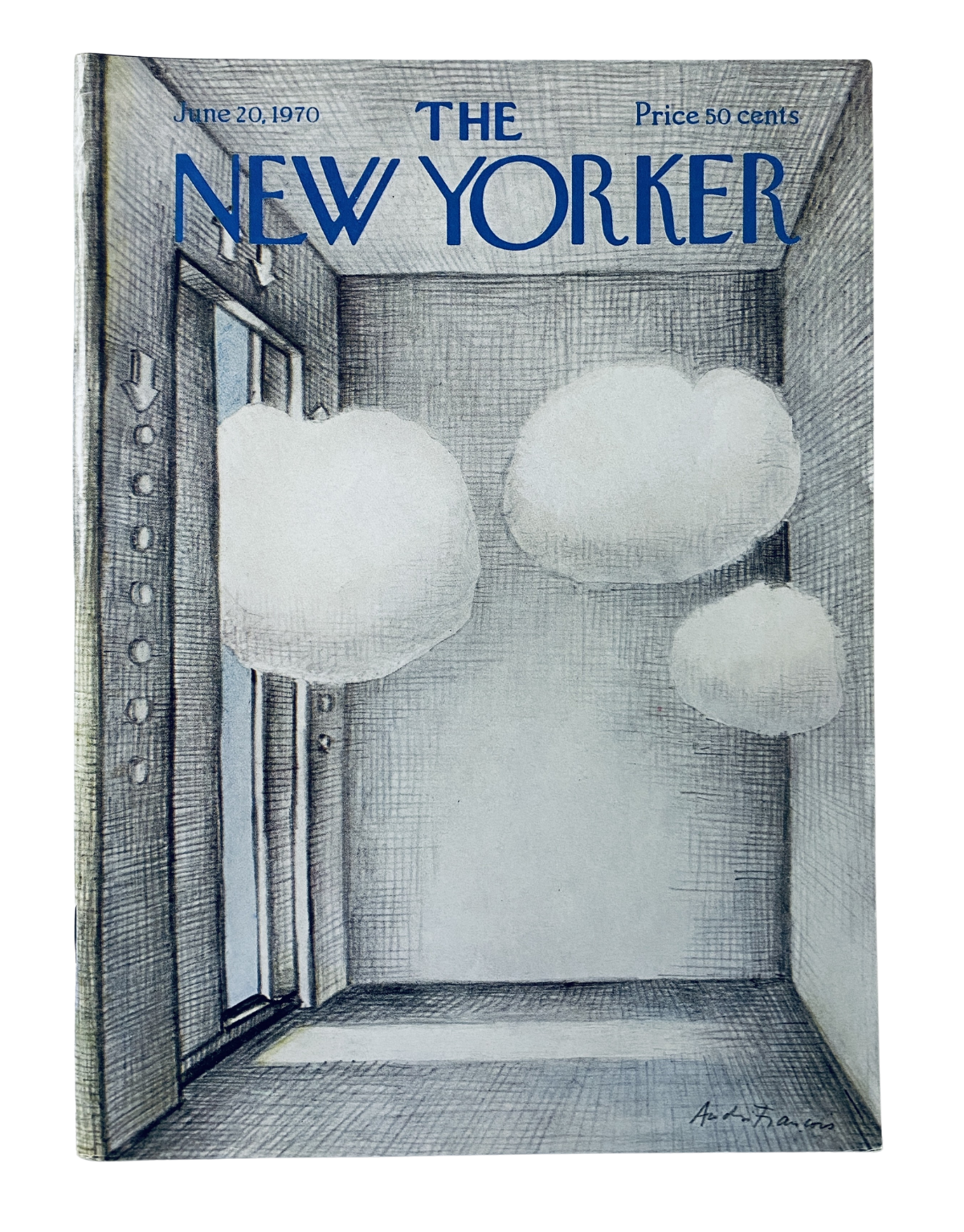 The New Yorker Magazine June 20, 1970 André François Cloud Room Cover featuring a minimalist illustration of a room with fluffy white clouds, emphasizing its artistic and unique design in very good condition.