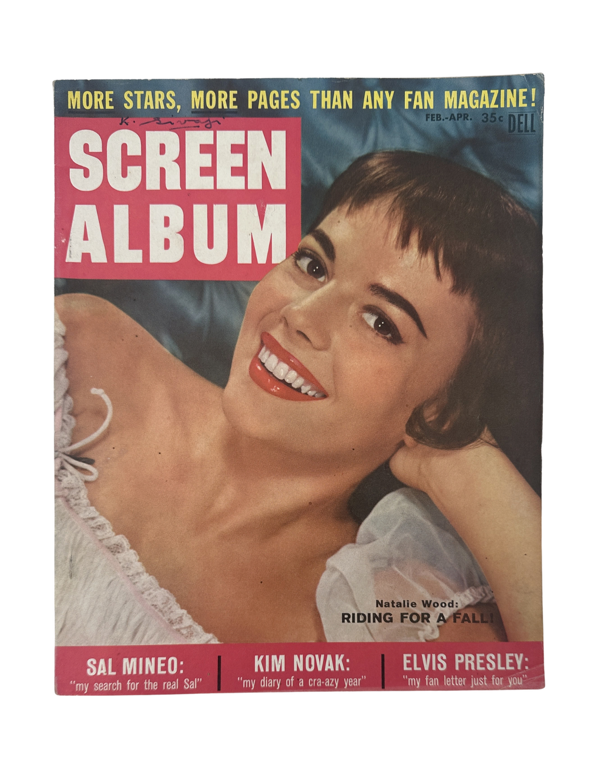 Screen Album Magazine February 1957 featuring Natalie Wood on the cover, showcasing her bright smile. The magazine includes content on Elvis Presley and Kim Novak.