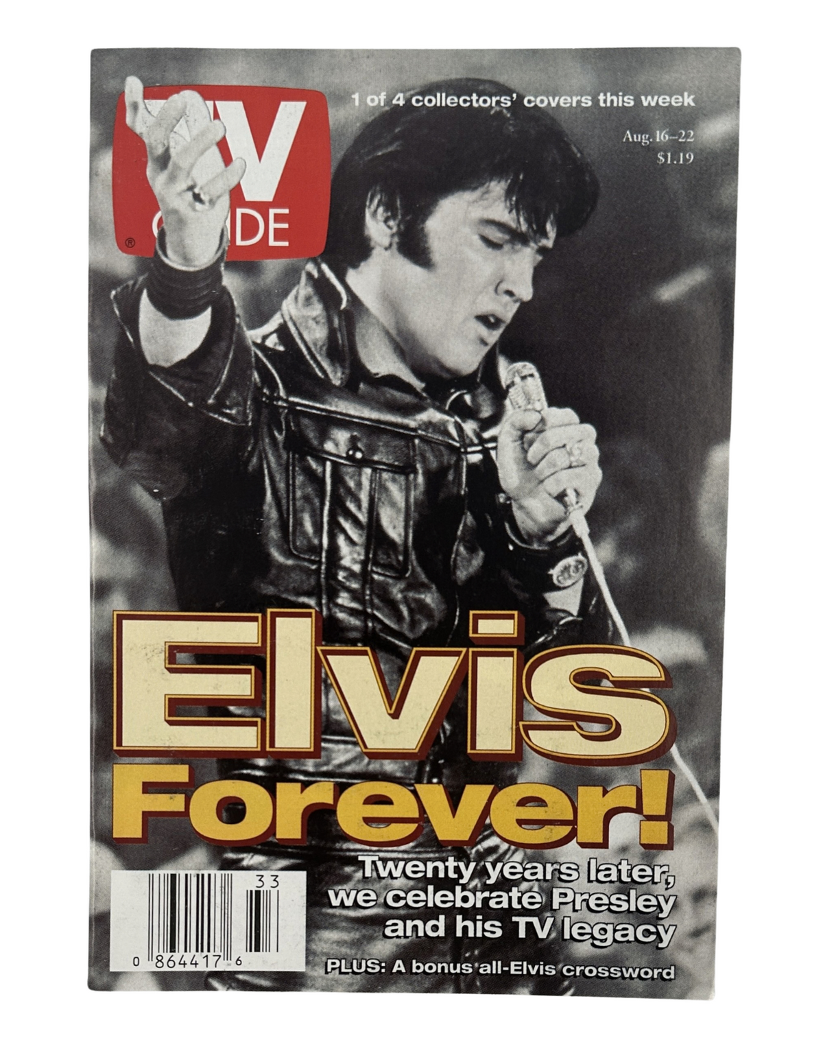 TV Guide Magazine cover for August 16, 1997 featuring an Elvis Presley tribute titled 'Elvis Forever!' The cover celebrates Presley and highlights his television legacy with an iconic image of Elvis performing. Ideal for collectors and fans of Elvis.