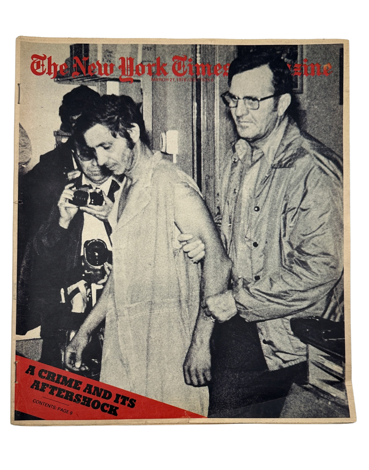 Cover of The New York Times Magazine from March 21, 1976, featuring the title 'A Crime and Its Aftershock'. The cover depicts Erwin Charles Simants in custody, bringing attention to a significant crime case and its implications on constitutional rights.