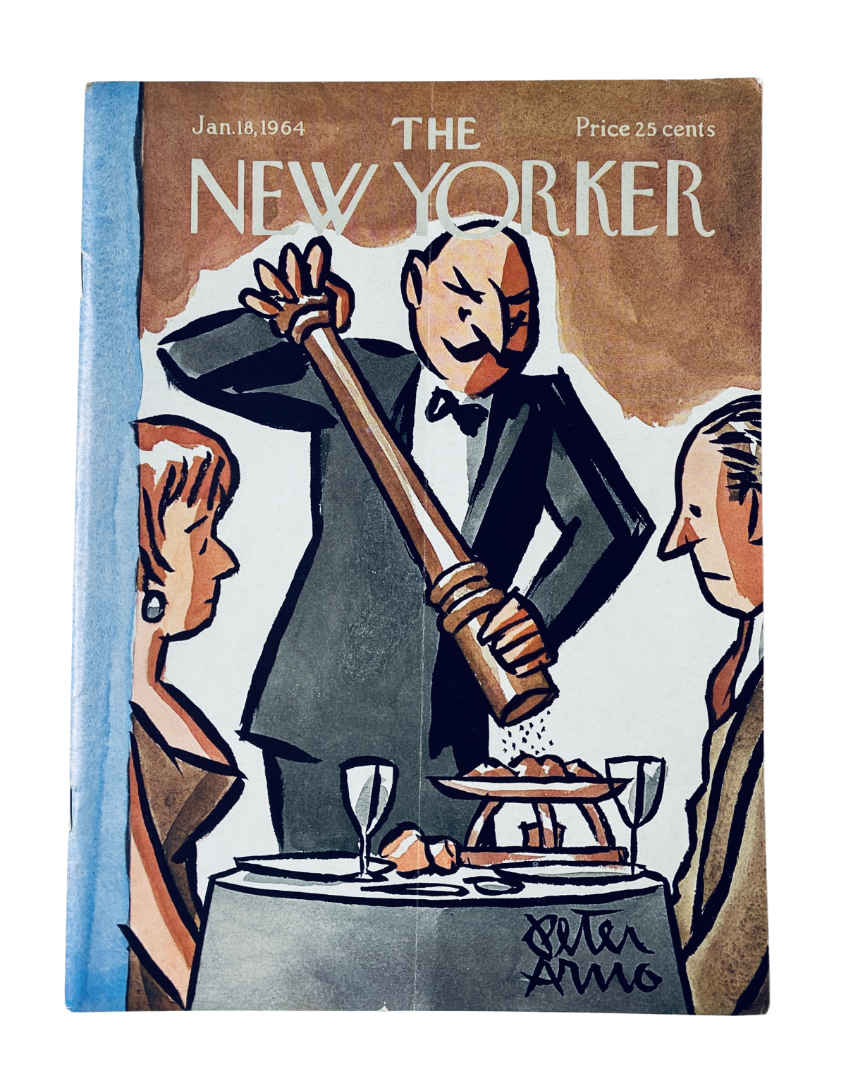 The New Yorker Magazine January 18, 1964, featuring a whimsical dinner illustration by Peter Arno, depicting a waiter serving food to two elegantly dressed diners.