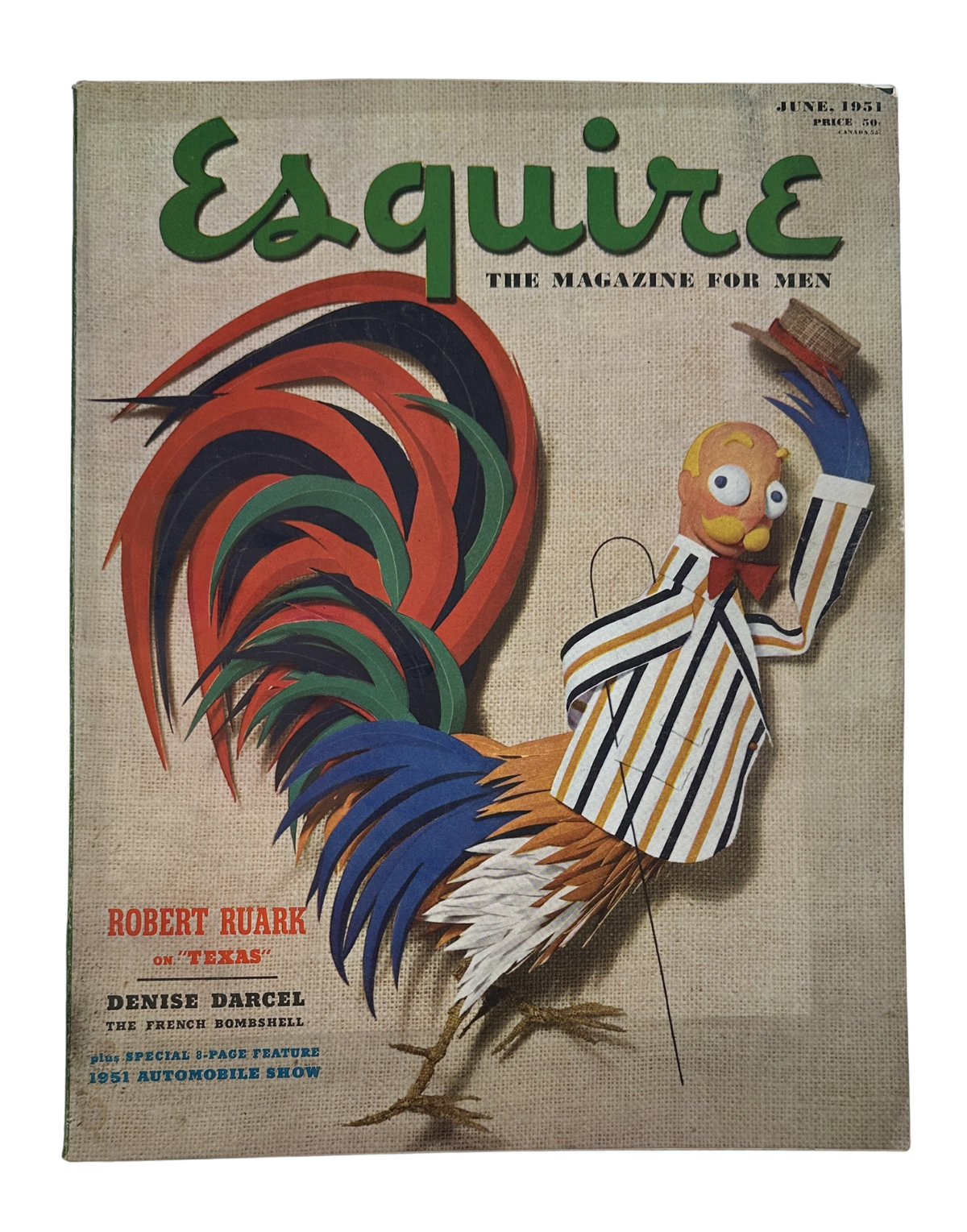 Cover of Esquire Magazine June 1951 featuring a colorful illustration with a rooster wearing a striped outfit and the headline 'Denise Darcel Texas Automobile Show Fiction w Pinup'.