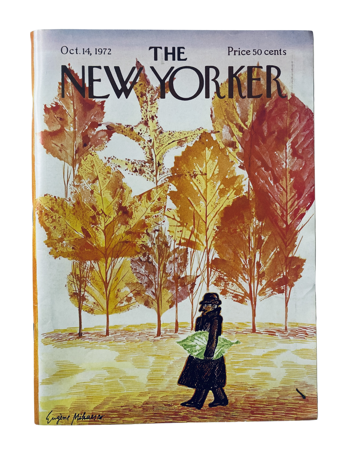 Cover of The New Yorker Magazine from October 14, 1972, featuring a figure walking among autumn leaves, illustrated by Eugène Mihaesco.