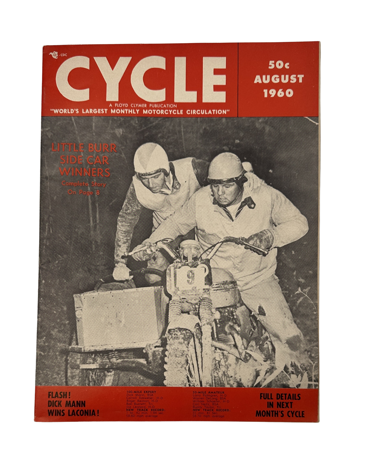 Cycle Magazine August 1960 cover featuring the Little Burr Sidecar winners, showcasing a motorcycle scene with riders in action.