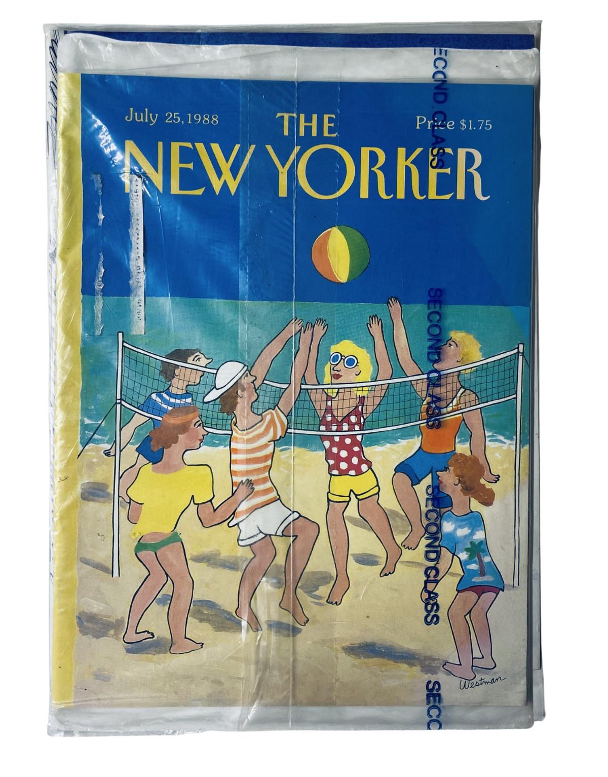 SEALED The New Yorker Magazine July 25, 1988 cover depicting a beach volleyball scene with colorful characters playing on the sand, showcasing a vintage illustration.