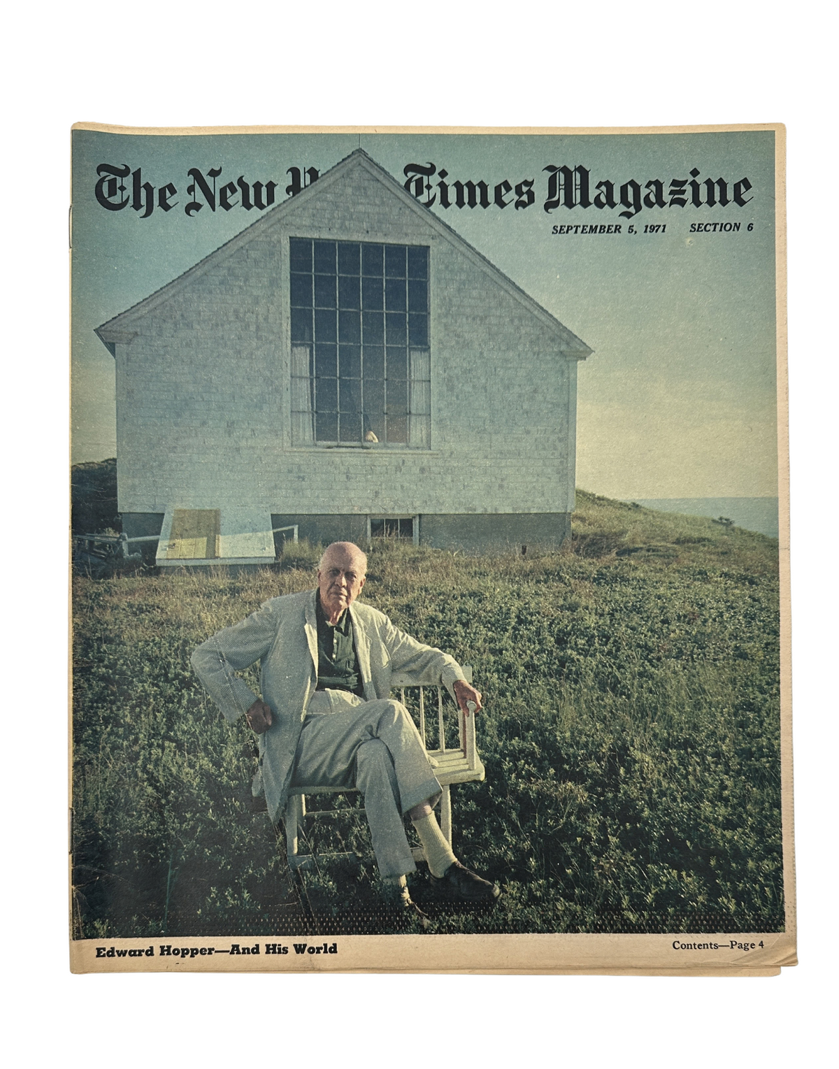 Cover of The New York Times Magazine from September 5, 1971, featuring Edward Hopper seated in front of his Cape Cod studio. The image highlights Hopper's influence in American realism and the magazine's focus on art and culture.