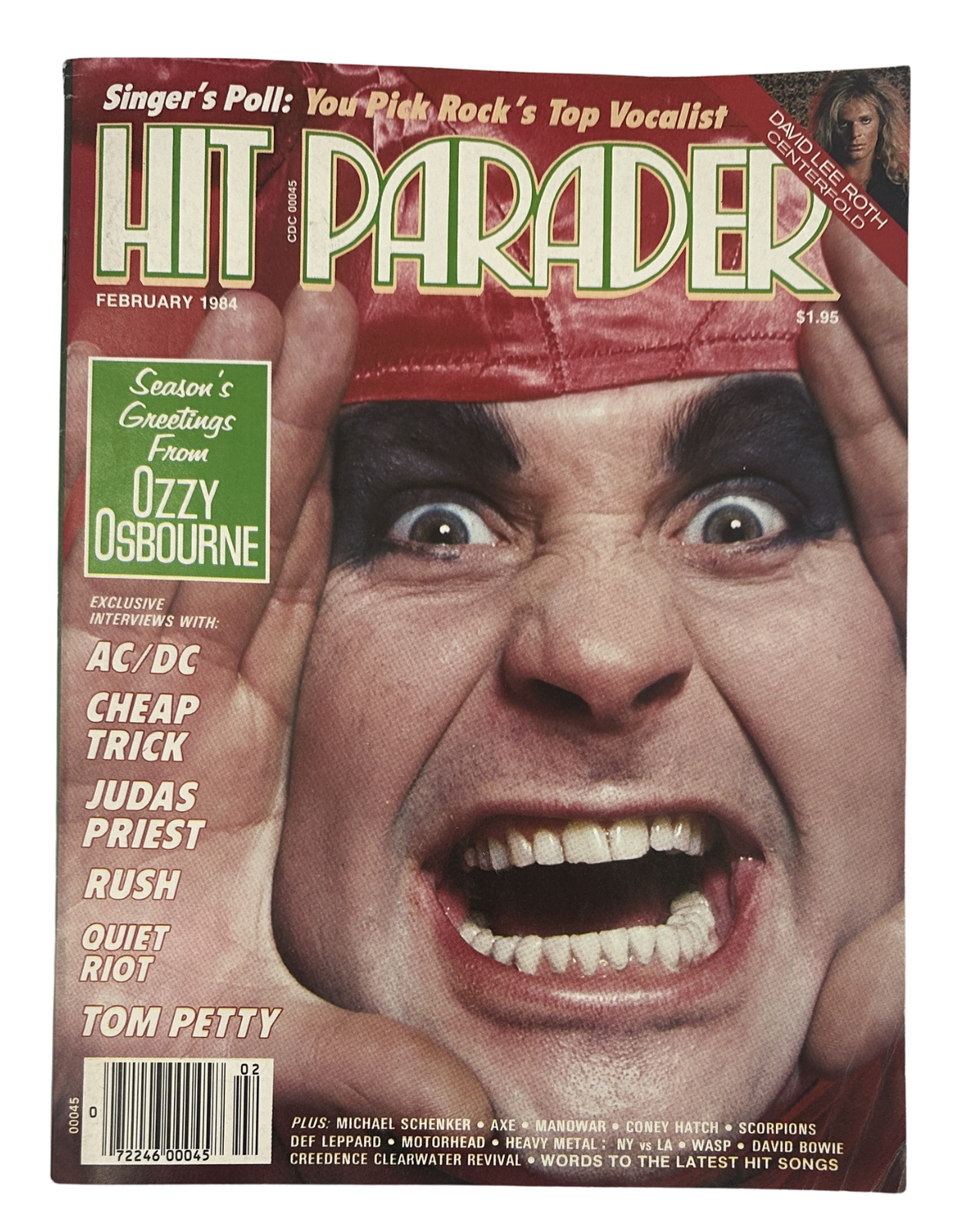 Hit Parader Magazine February 1984 featuring Ozzy Osbourne on the cover, showcasing interviews with bands like AC/DC and Judas Priest, priced at $1.95.