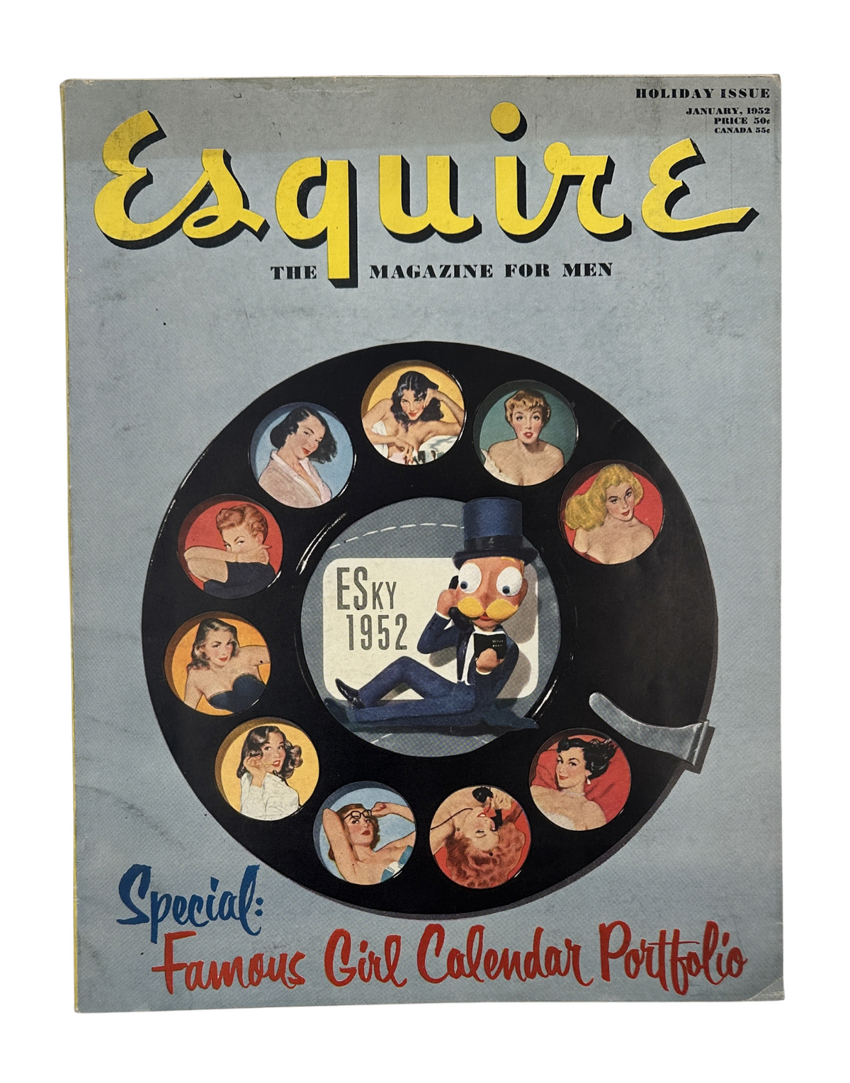 Cover of Esquire Magazine January 1952 featuring illustrations from the Famous Girl Calendar, showcasing various pin-up models, characteristic of the era.