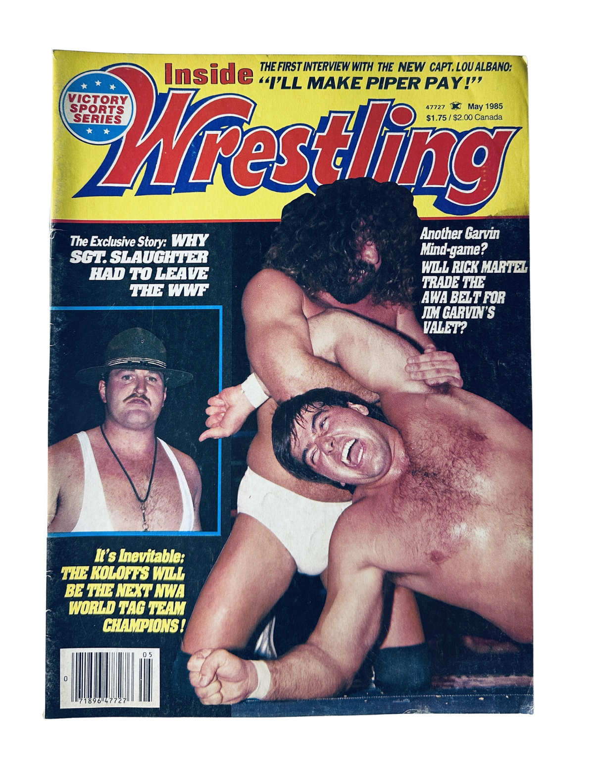 Cover of Inside Wrestling Magazine May 1985 featuring highlights about Sgt. Slaughter, Rick Martel, and the Koloffs, showcasing wrestlers in an intense match.