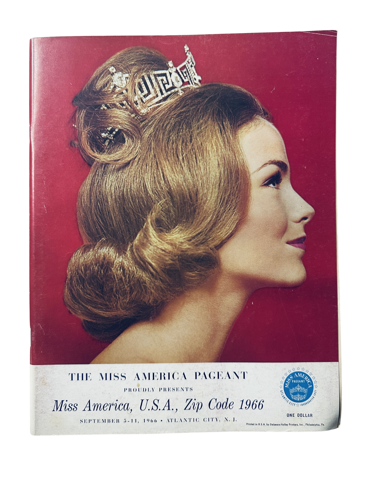 Miss America Pageant Magazine September 1966 Program featuring Deborah Bryant on the cover, showcasing a profile view with a crown, representing the pageant and its theme 'Miss America, U.S.A. - Zip Code 1966'.