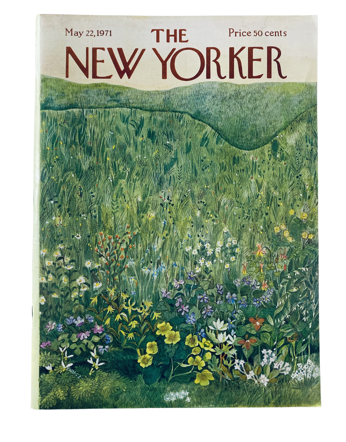Cover of The New Yorker magazine dated May 22, 1971, featuring a vibrant illustration of meadow flowers set against a green hillside, capturing the artistic style of Ilonka Karasz.