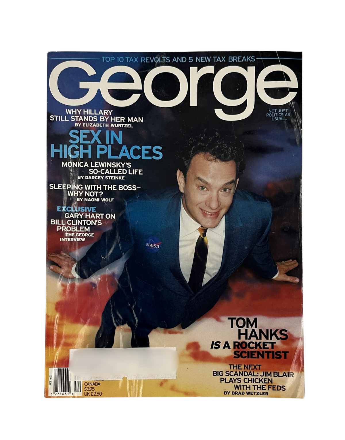 George Magazine April 1998 featuring Tom Hanks on the cover, with the headline discussing Monica Lewinsky, high places, and tax revolts.