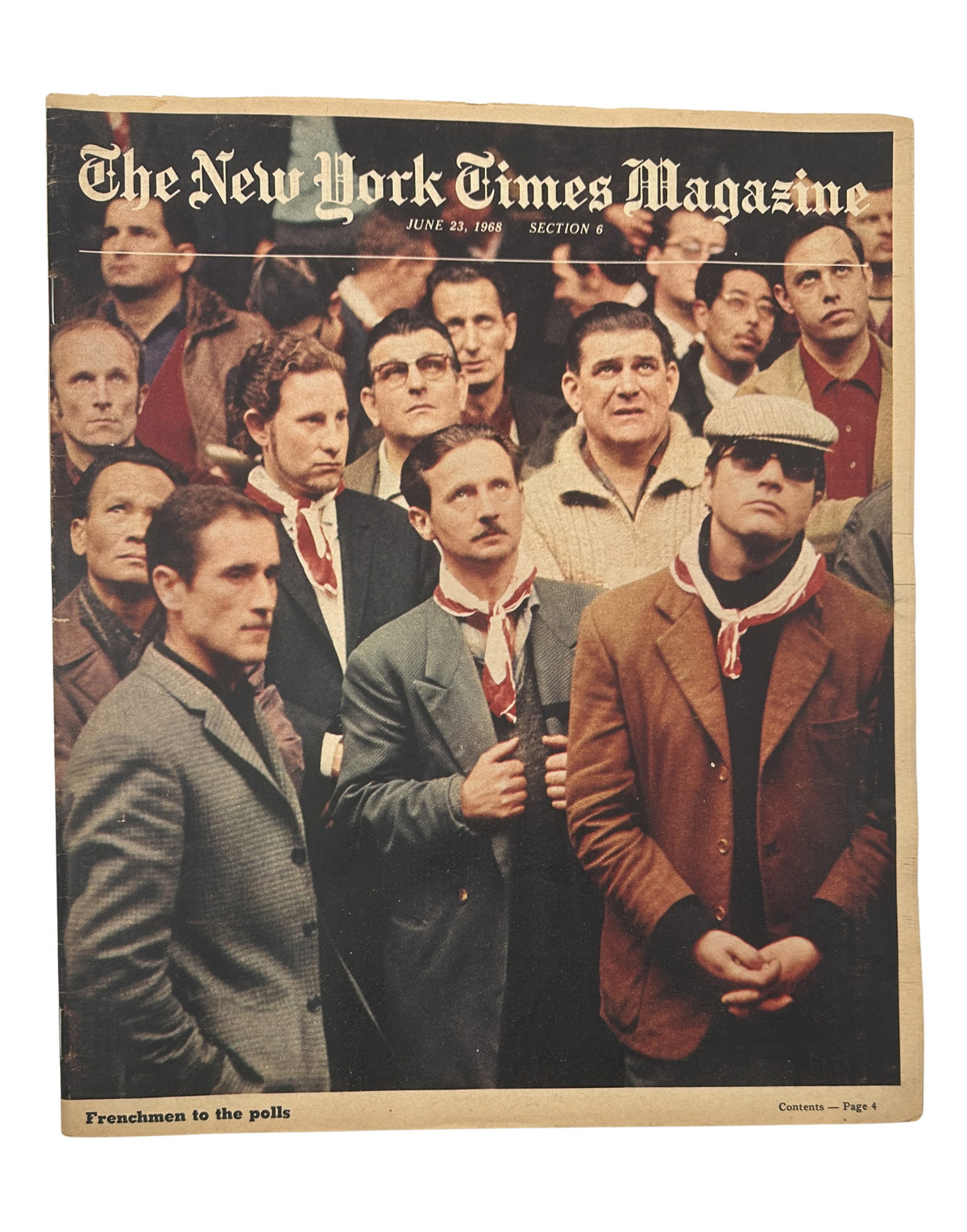 Cover of The New York Times Magazine from June 23, 1968, featuring a striking image of French workers attentively listening to a speech, embodying the spirit of the French protests during a time of national turmoil.