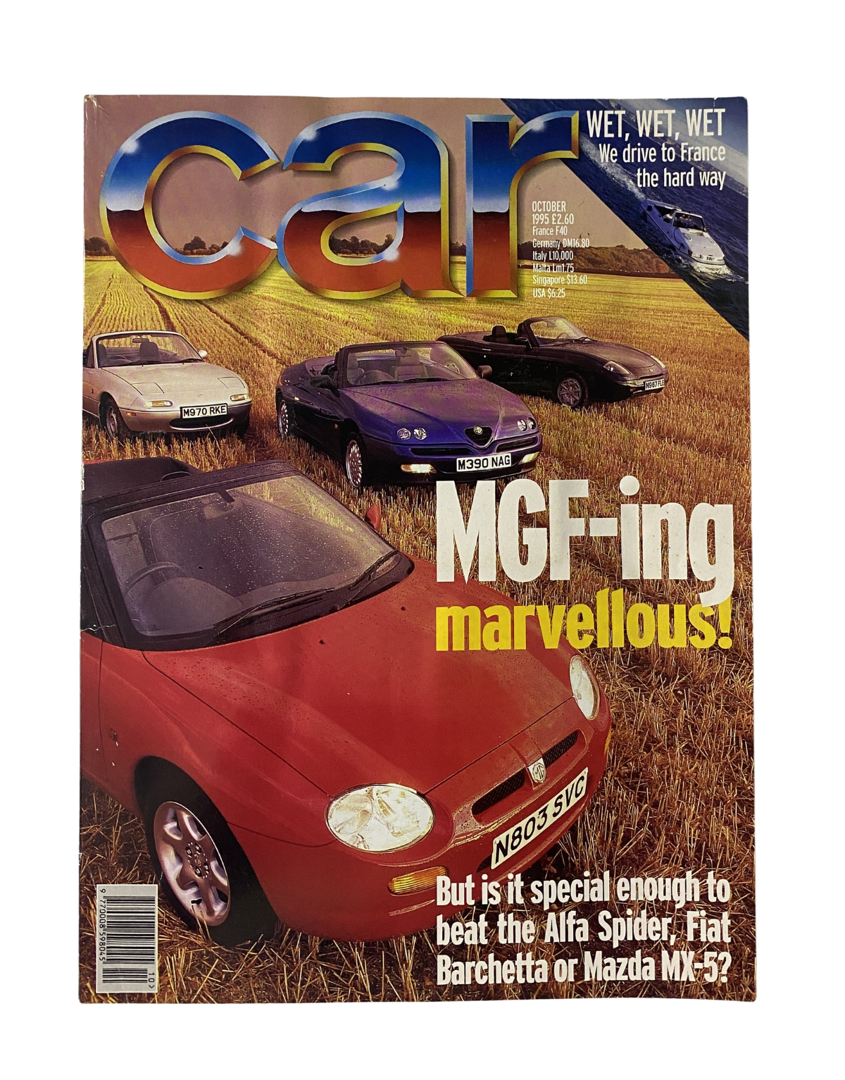Car Magazine cover from October 1995 featuring the MGF, Alfa Spider, Fiat Barchetta, and Mazda MX-5, showcasing a vivid outdoor scene with the vehicles against a picturesque backdrop.