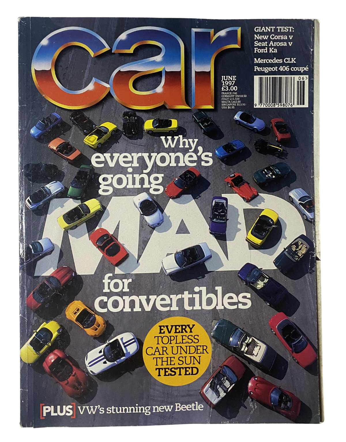 Cover of CAR Magazine June 1997 featuring a special issue on convertibles. The cover displays various toy cars in vibrant colors, emphasizing the theme 'Why everyone's going mad for convertibles' and includes mentions of the Giant Test, new VW Beetle, Mercedes CLK, and Peugeot 406 coupé.
