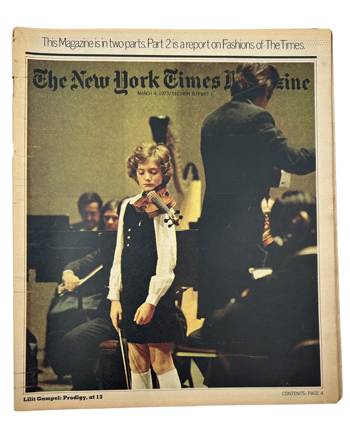 The New York Times Magazine March 4, 1973 cover featuring Lilit Gampel, a 13-year-old prodigy, performing with a violin in front of an orchestra. The magazine is highlighted for its arts and culture section.