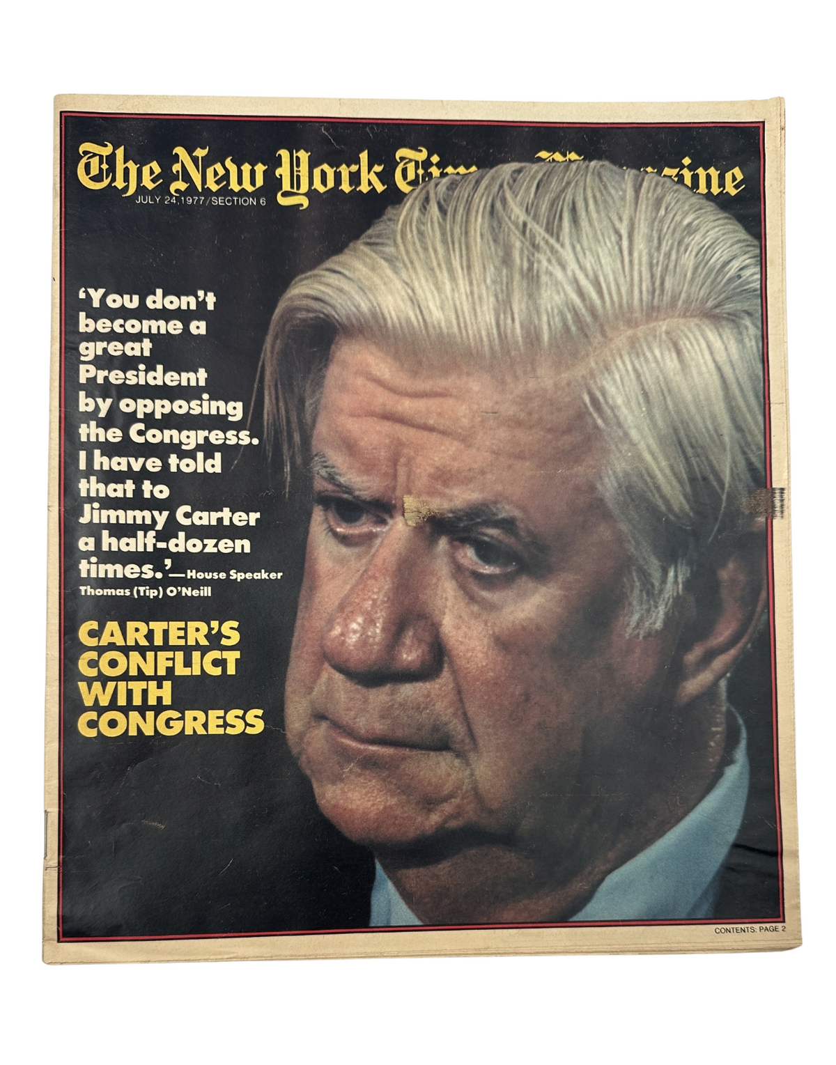 Cover of The New York Times Magazine July 24, 1977 featuring a portrait of Thomas P. (Tip) O’Neill Jr. with the quote about Jimmy Carter, symbolizing the relationship between Congress and the Presidency.