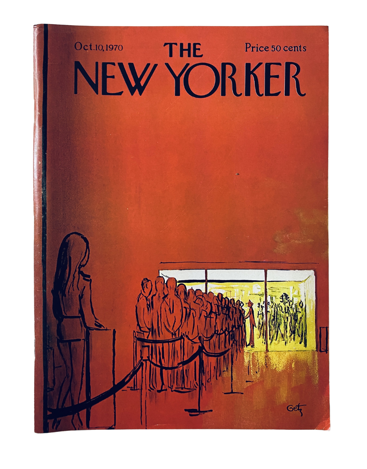The New Yorker Magazine published on October 10, 1970, featuring a vibrant orange cover illustration by Arthur Getz, showcasing a queue of people outside an exhibit.